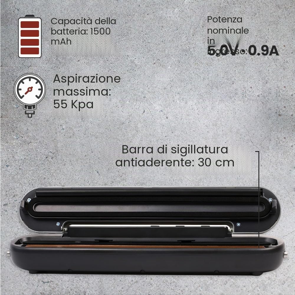 ELMA Macchina Sottovuoto a Bateria, Macchina Sottovuoto Domestica V Go per il Confezionamento di Alimenti Secchi | Wireless, Barra Saldante 30 cm, 37,6 x 7,8 x 5,8 cm | Include 1 Rotolo di Sacchetti