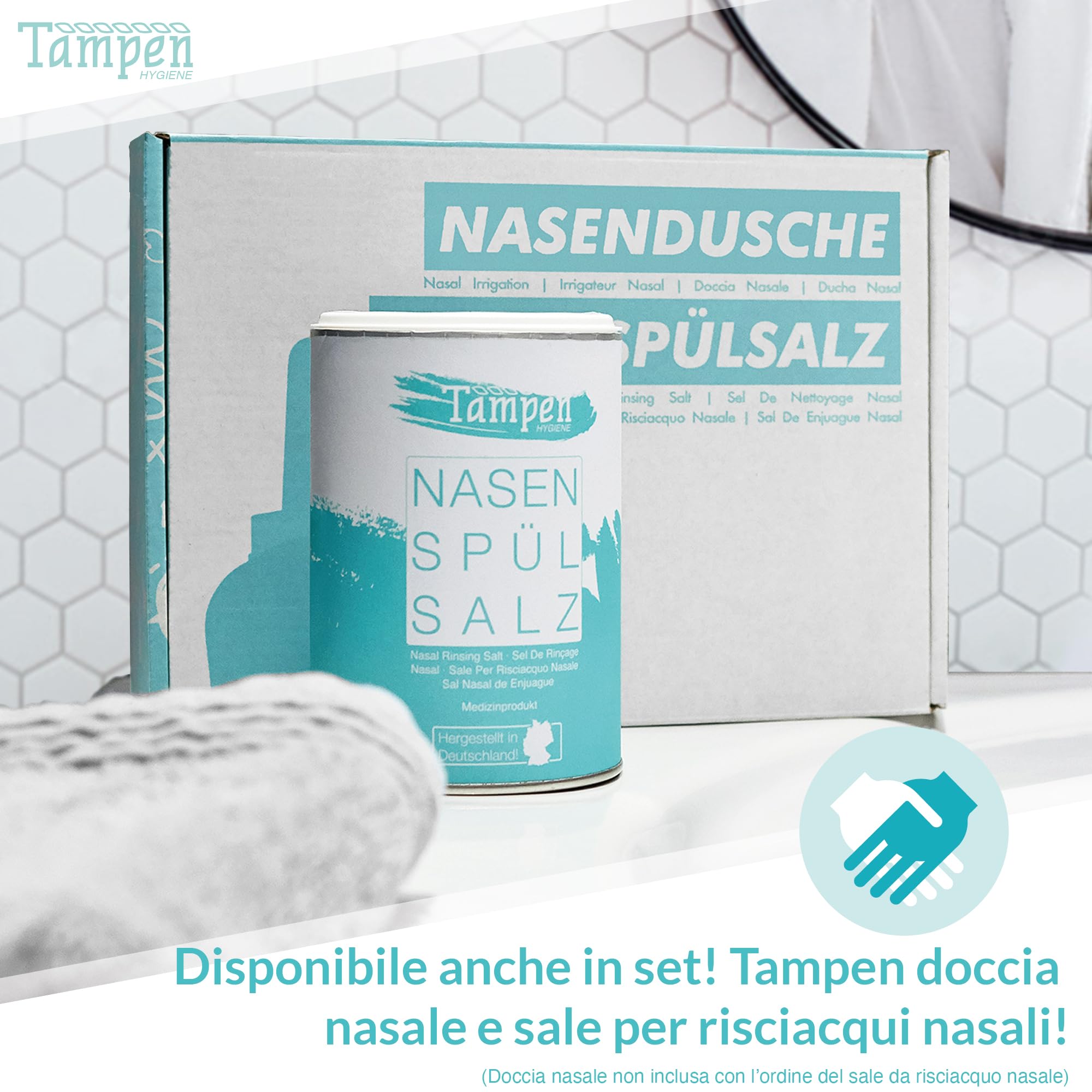 Tampen Doccia Nasale con 120 x Sale (300g) e 1x Misurino Dosatore (1g) ∙ Lavaggio Nasale Adulti e Bambini ∙ Vasetto da Pulizia Nasale Premium