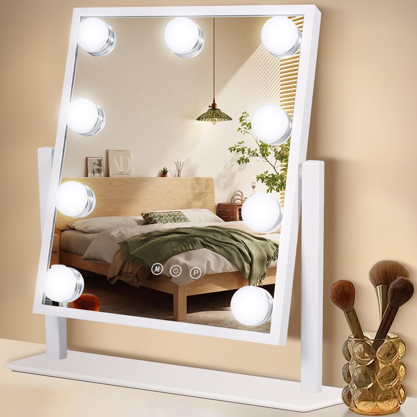 Vanity Mirror with Lights, Hollywood Lighted Makeup Mirror with 9 Dimmable LED Bulbs & 3 Color Lighting Modes, 360° Rotation (White)
