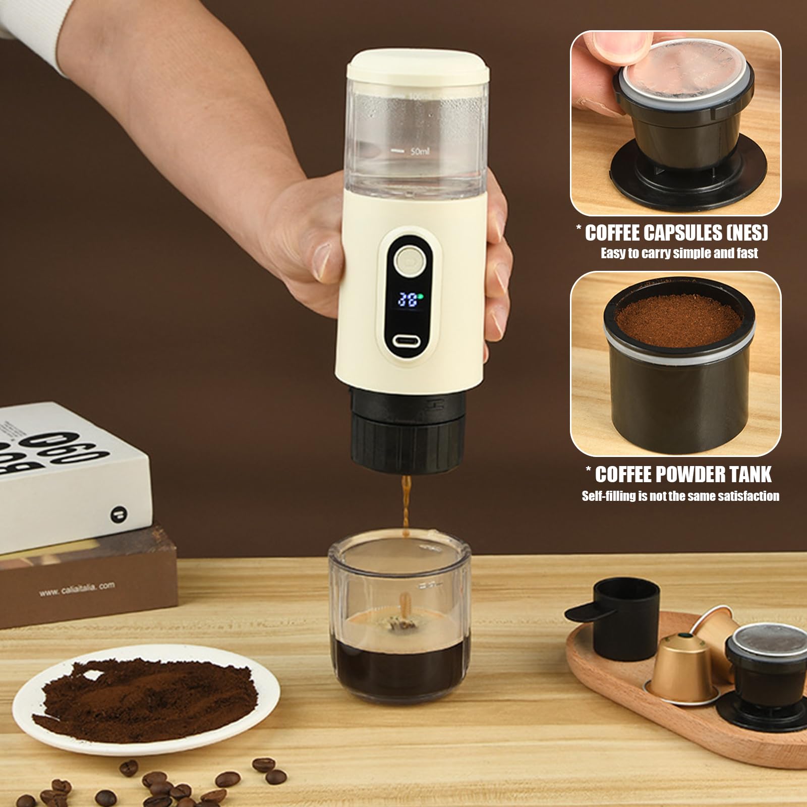 Kouamor Cafetera espresso portátil inalámbrica, cafetera de camping, autocalentamiento con USB-C, pequeña cafetera portátil compatible con café molido y cápsula NS (blanco)