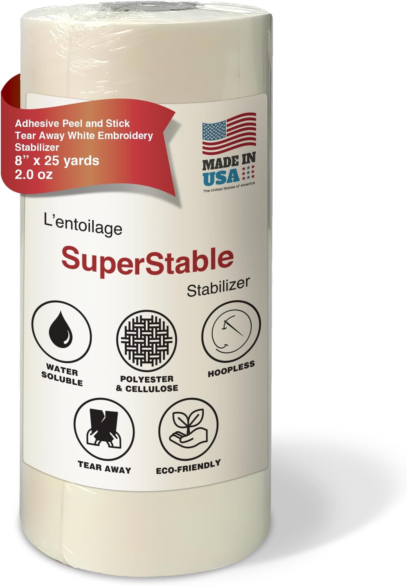 Superpunch White Adhesive Peel & Stick Tear Away Stabilizer for Embroidery - 8-inch x 25-Yard Roll, SuperStable Machine Embroidery Stabilizers Backing 2.0 oz for Hoop Less Embroidery, Made in USA