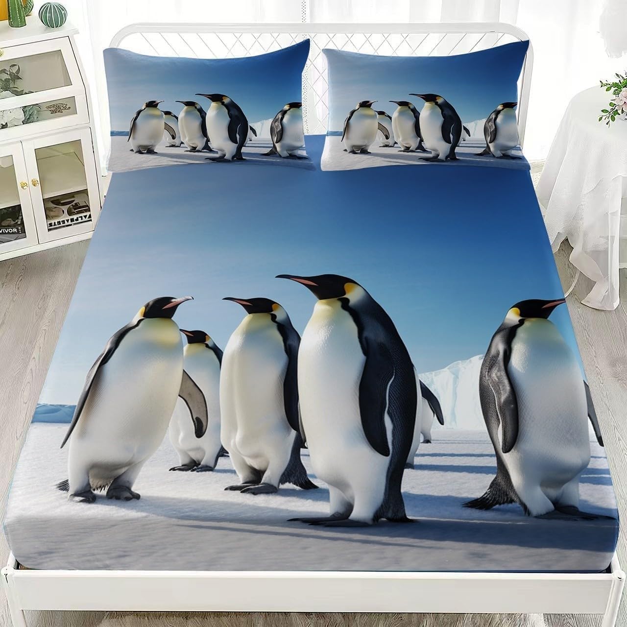 Penguin Fitted Sheet Animals Bed Sheets Deep Pocket 12 inch (30 cm) Soft Cozy 3 Piece Microfibre Bed Sheet 200x200 cm with 2 Pillowcases 50x75 cm