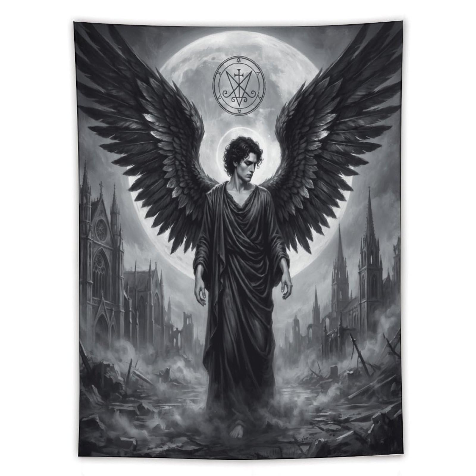 W7C8U2X3 Dark Angel Lucifer Monochrome Wall Tapestry, Gothic Fantasy