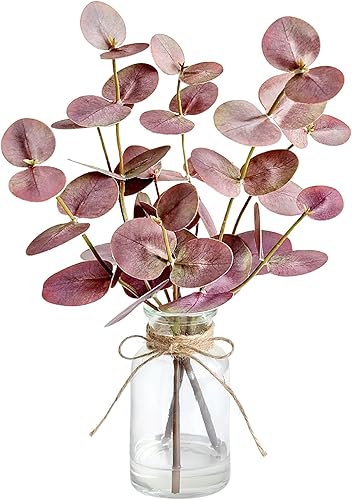 Miniatura 13 de Tallos artificiales de eucalipto en jarrón de vidrio con agua falsa, 3 piezas de planta falsa con hojas verdes de doble cara para centro de mesa