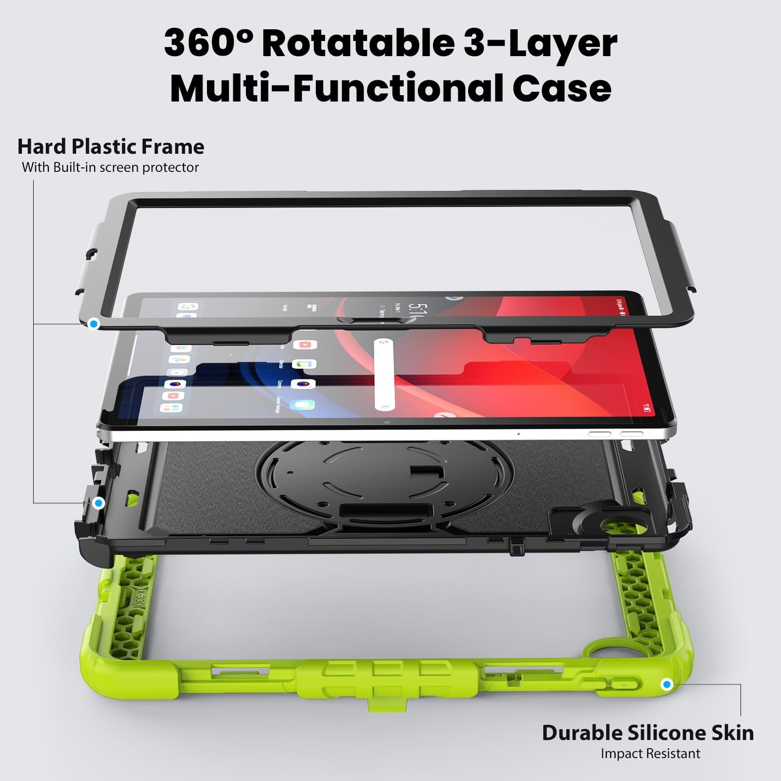 Kompatybilny z Lenovo Tab M11 TB-330FU/Lenovo Xiaoxin Pad 2024 TB-331FC Wytrzymała, odporna na wstrząsy obudowa TPU, osłona ochronna osłoną ekranu Obrotowa podpórka 380 + pasek rękę + ramię(Ye?il)