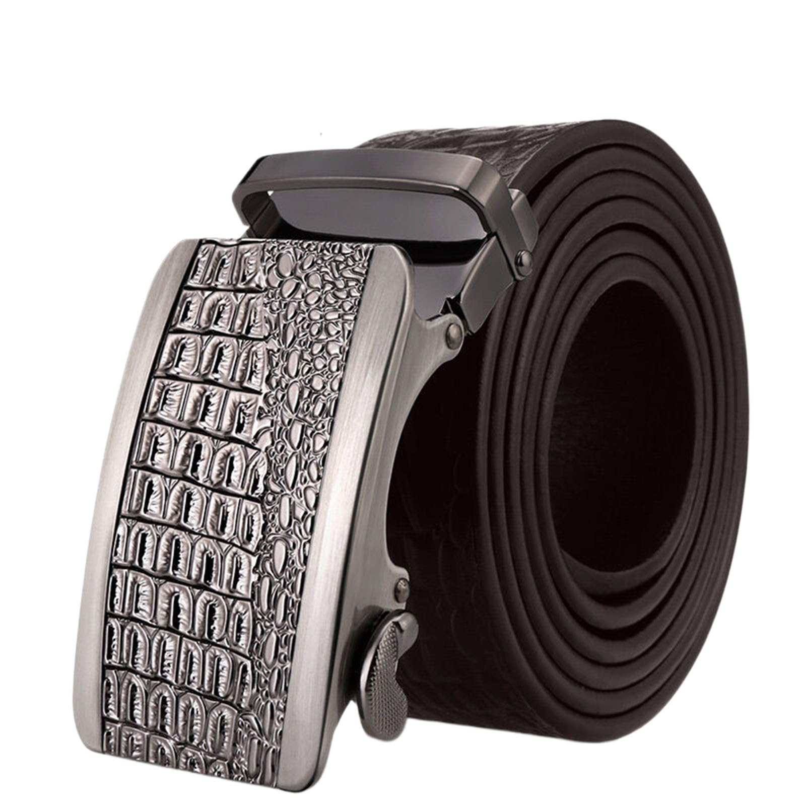 Cinturones Hombre Trinquete, Cinturones de Cuero Genuino Ajustable Negocio, Cinturón Lujo Casual Moda con Hebilla Metal Automática Grabada 3D en Aleación,Negro,120CM/47.3''