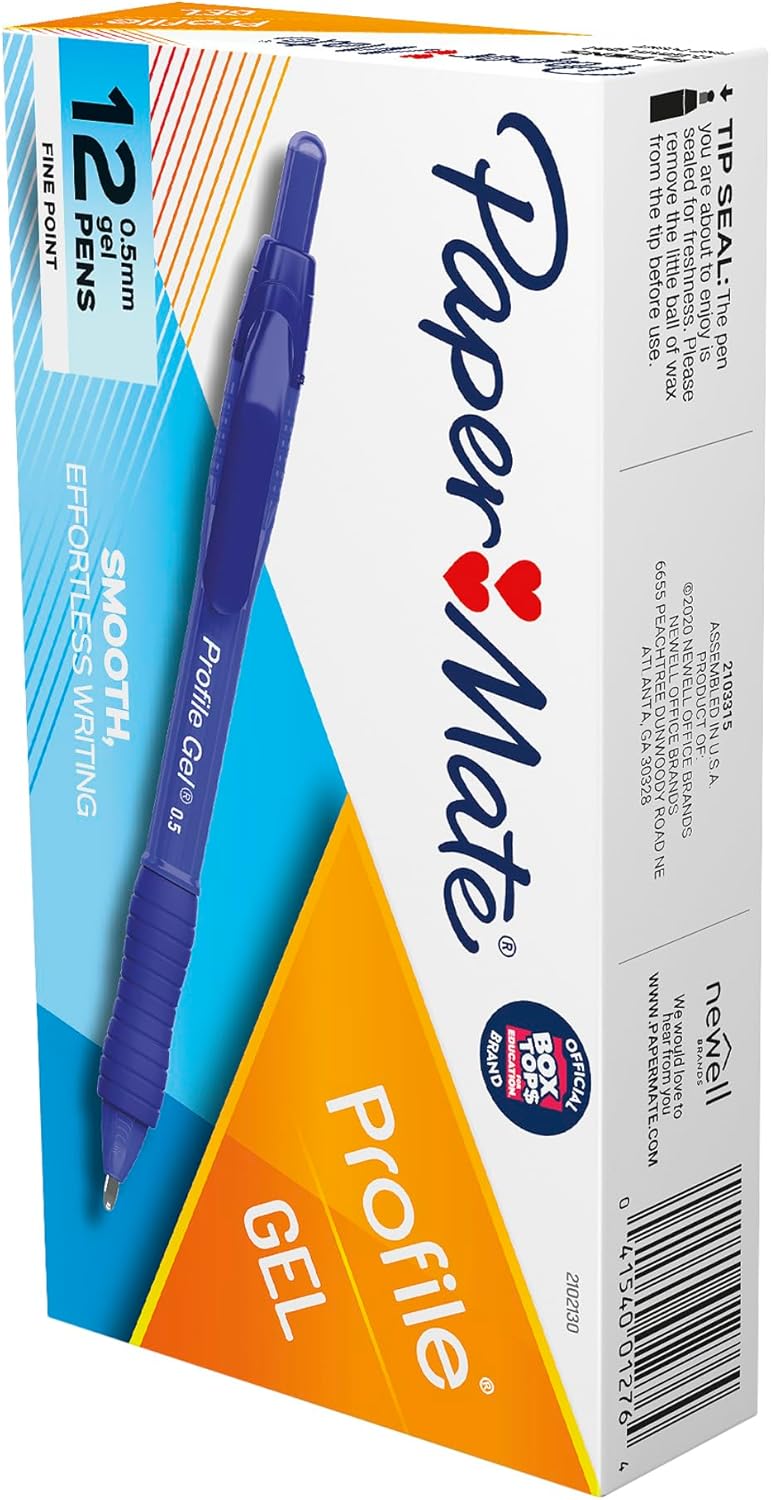 Paper Mate® Profile Gel Retractable Pens, Fine Point, 0.5 mm, Blue Barrel, Blue Ink, Pack of 12 Pens