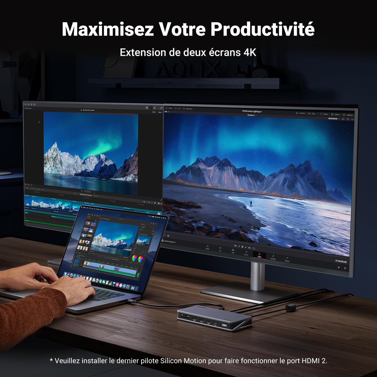 UGREEN Revodok Pro 2101 Docking Station 10 en 1 4K Double Affichage Hub USB C Dual HDMI Multi Data Ports 10Gbps Adaptateur RJ45 Gigabit PD 100W Compatible avec Windows MacOS MacBook
