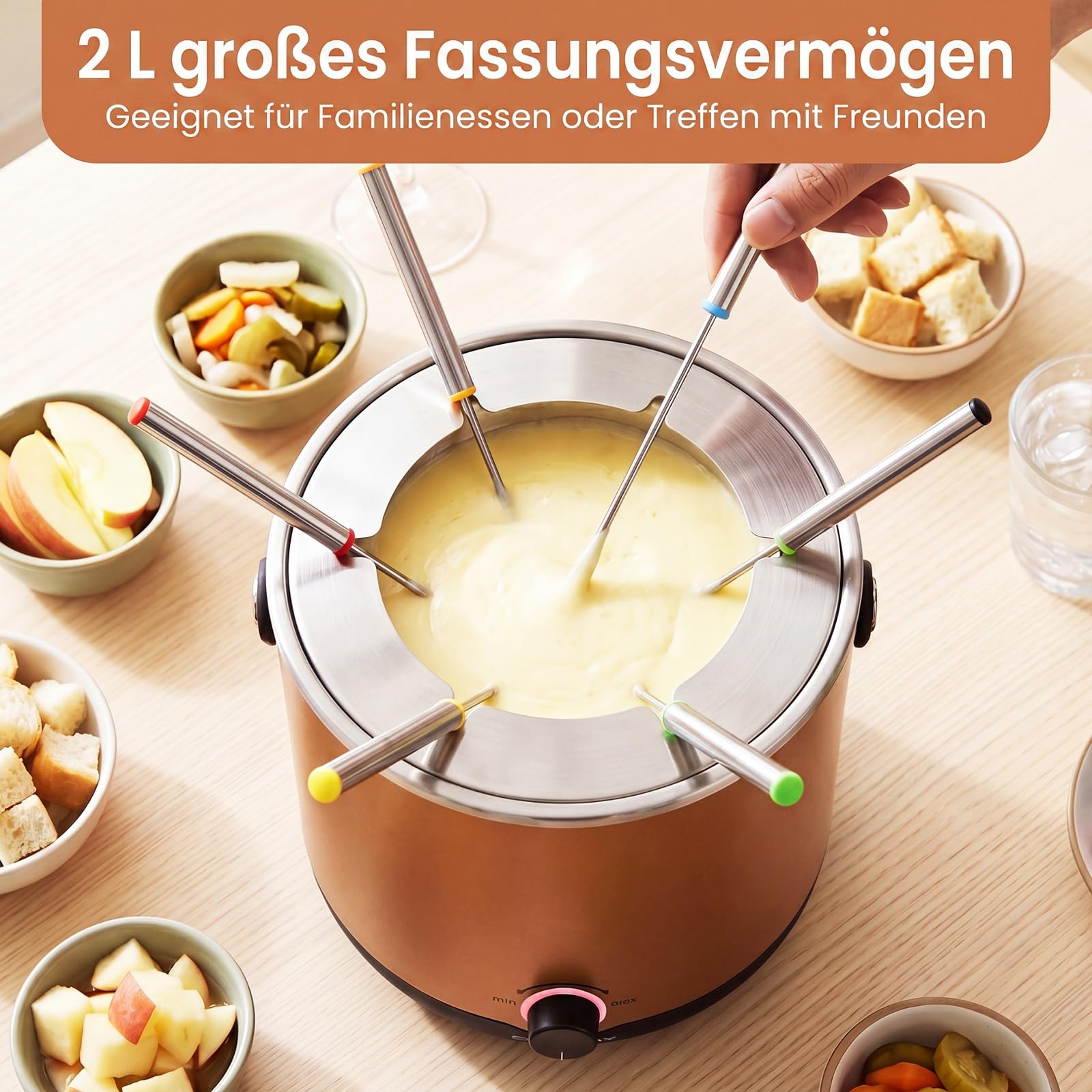 COSTWAY Elektryczny zestaw do fondue, 2 l, 800 W, ze stali nierdzewnej, czekoladowe fondue z 6 widelcami do fondue i ochroną przed pryskaniem, nadaje się do mycia w zmywarce, przenośne fondue serowe z