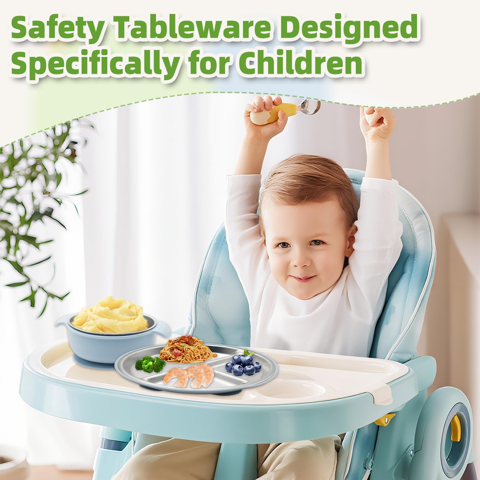 2 Stück Edelstahl Babyteller mit Saugnapf + 2 Stück Edelstahl Breischale Baby Schüssel mit Saugnapf, Abnehmbare Silikonhülle Kinder Geschirr Set, BPA-Frei, Spülmaschinenfest (BlueGreen)