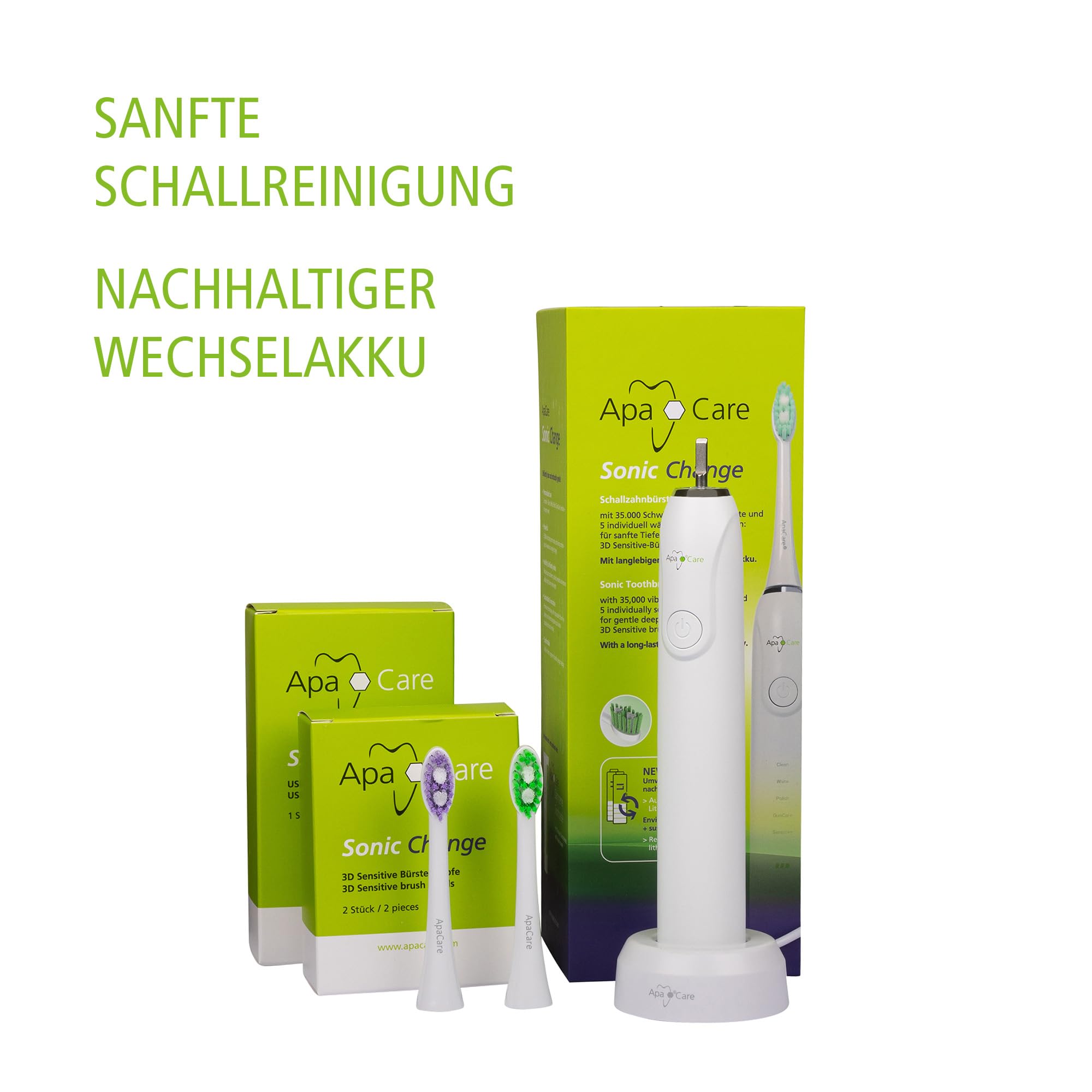 ApaCare Sonic Change - Spazzolino elettrico con 35.000 vibrazioni/min., 5 programmi e batteria sostituibile, incluse 2 testine 3D Sensitive