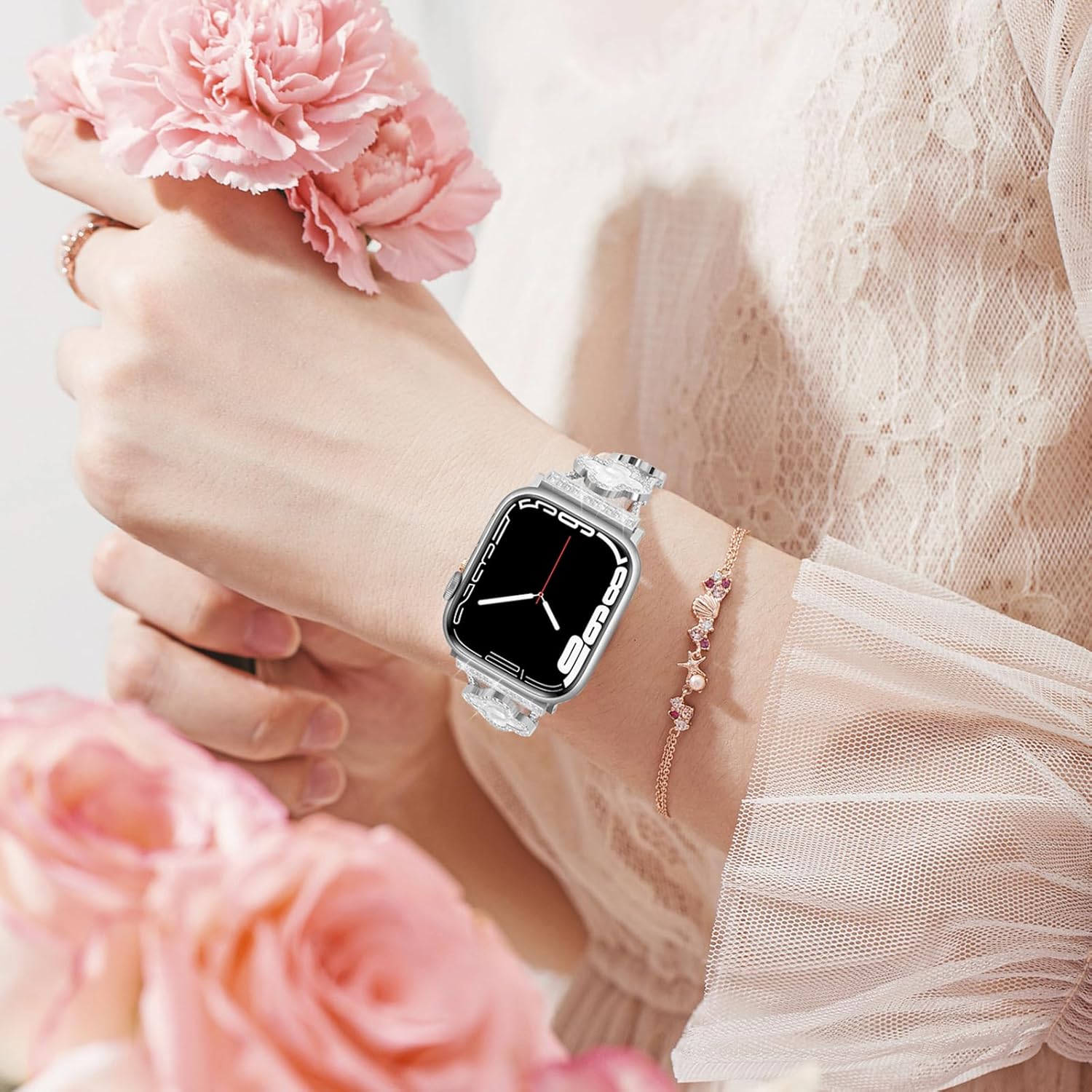 Tasikar Bling Diamond Women Band Compatible with Apple Watch Band 49mm 46mm 45mm 44mm 42mm 41mm 40mm 38mm Ultra SE Series 11 10 9 8 7 6 5 4 3 2 1 Lucky Clover Dressy Replacement Bracelet (Silver) - Image 6