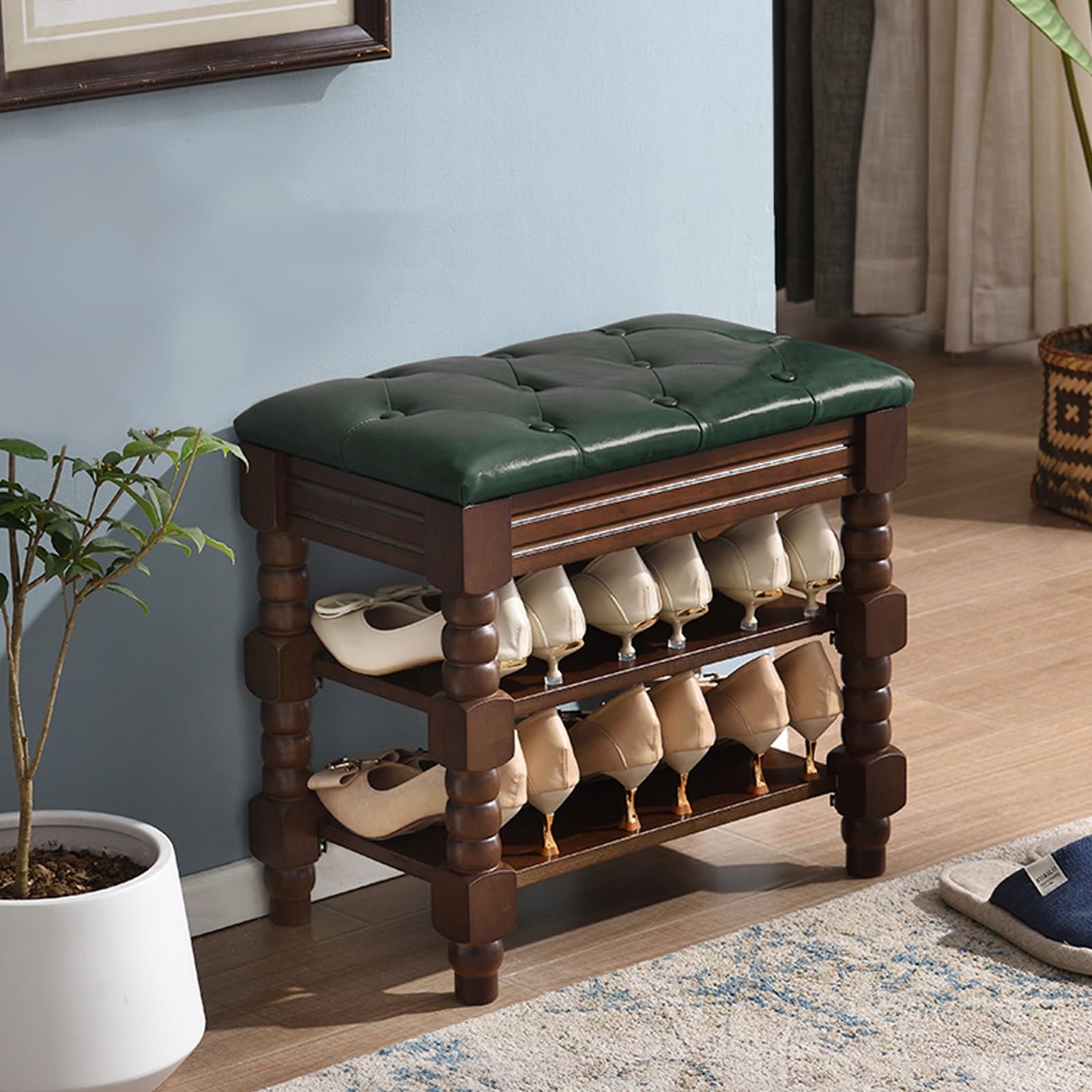 GDMDPTE Wooden Shoe Bench with Cushion - Stylish Green Storage for 6-10 Pairs of Shoes Hidden Compartment 50cm Entryway nizer for Home Décor.