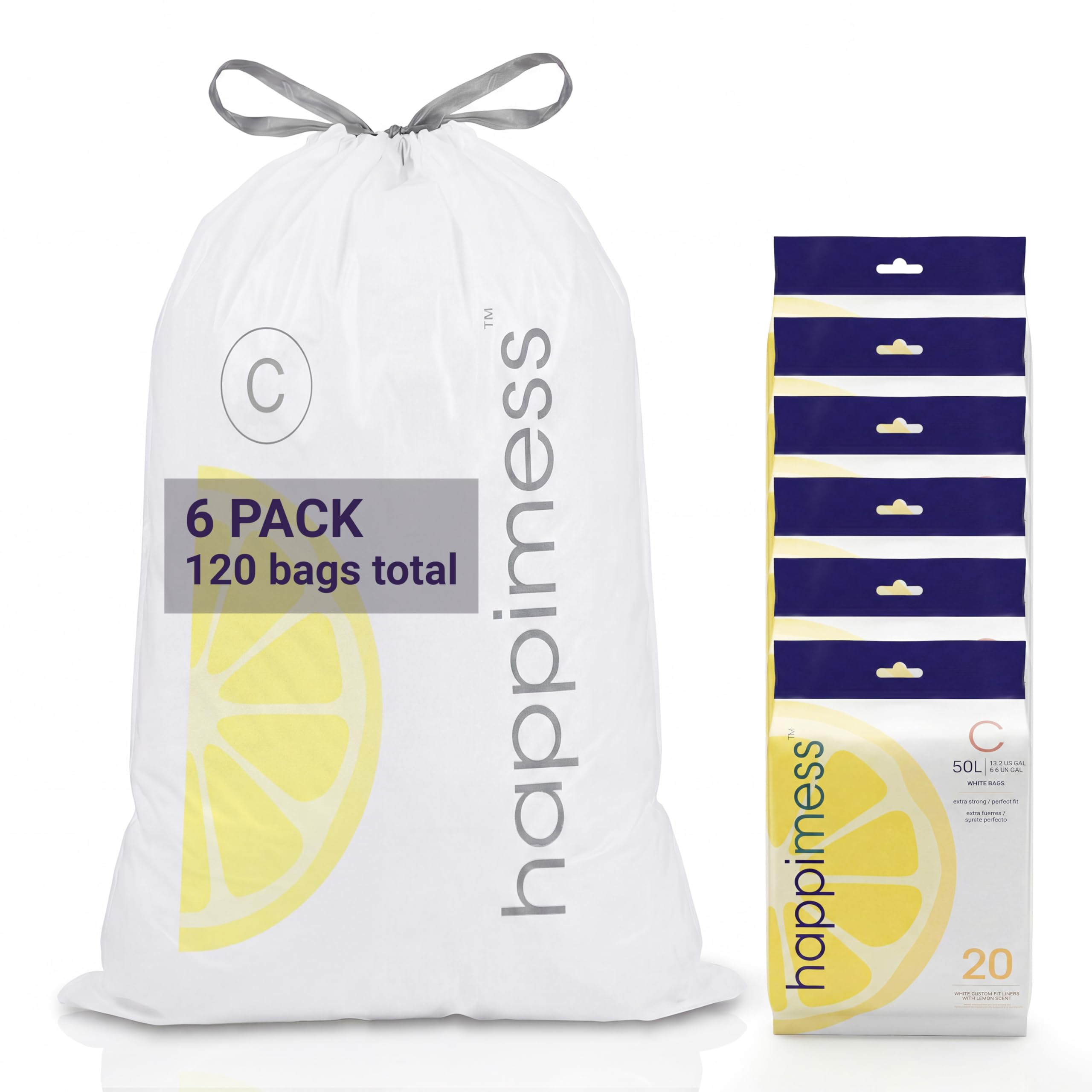 happimess White (Lemon Scented) / 120 Count (Pack of 1) / 13.2 gallons Trash Bags