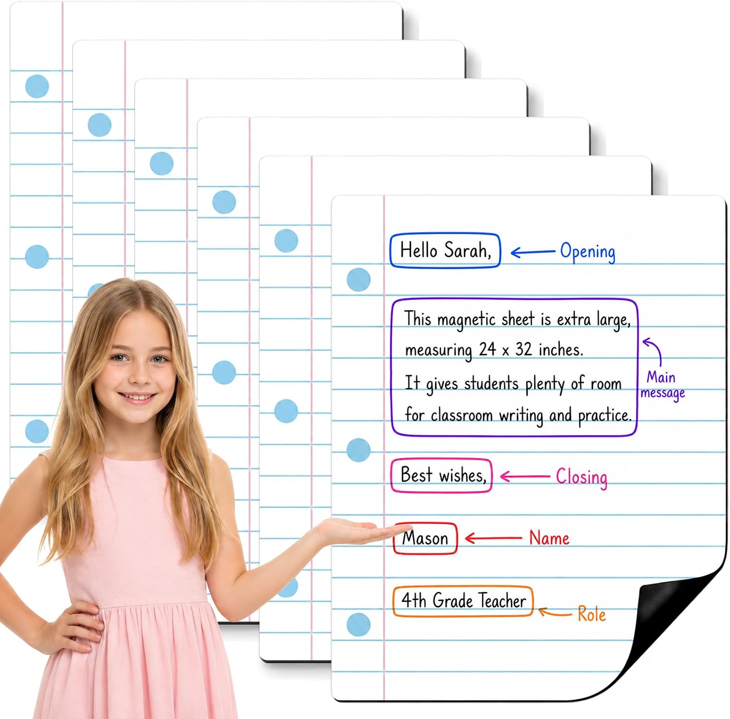 6Pcs Magnetic Lined Notebook Paper 10.7" x 13.8" Dry Erase Handwriting Paper Reusable Magnetic Writing Practice Whiteboard for Classroom Chart Teacher Must Have Homeschool Teaching Supplies