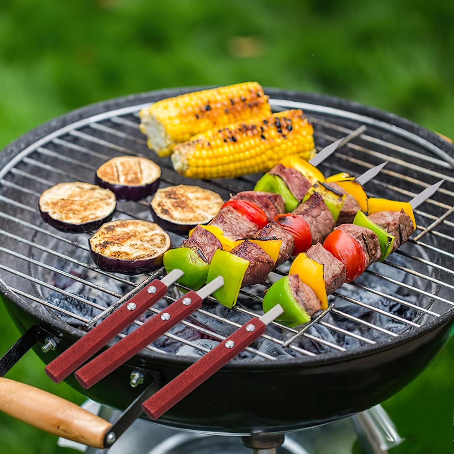 POPETPOP 24pcs Stainless Steel Flat Skewers for Grilling BBQ Roasting Sticks with Wooden Handles for Kebab for Outdoor Cooking and Picnics
