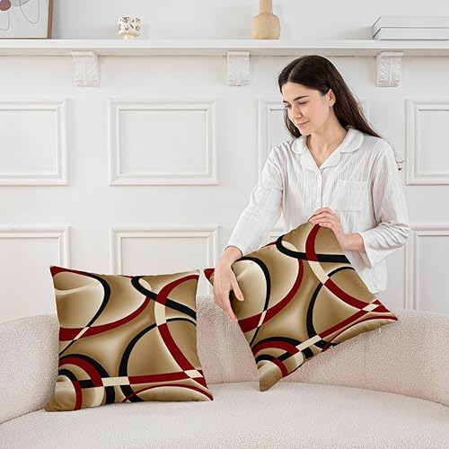 Miniatura 3 de Juego de fundas de almohada geométricas circulares de 16 x 16 pulgadas, diseño de líneas rojas, negras y marrones, funda de cojín decorativa para
