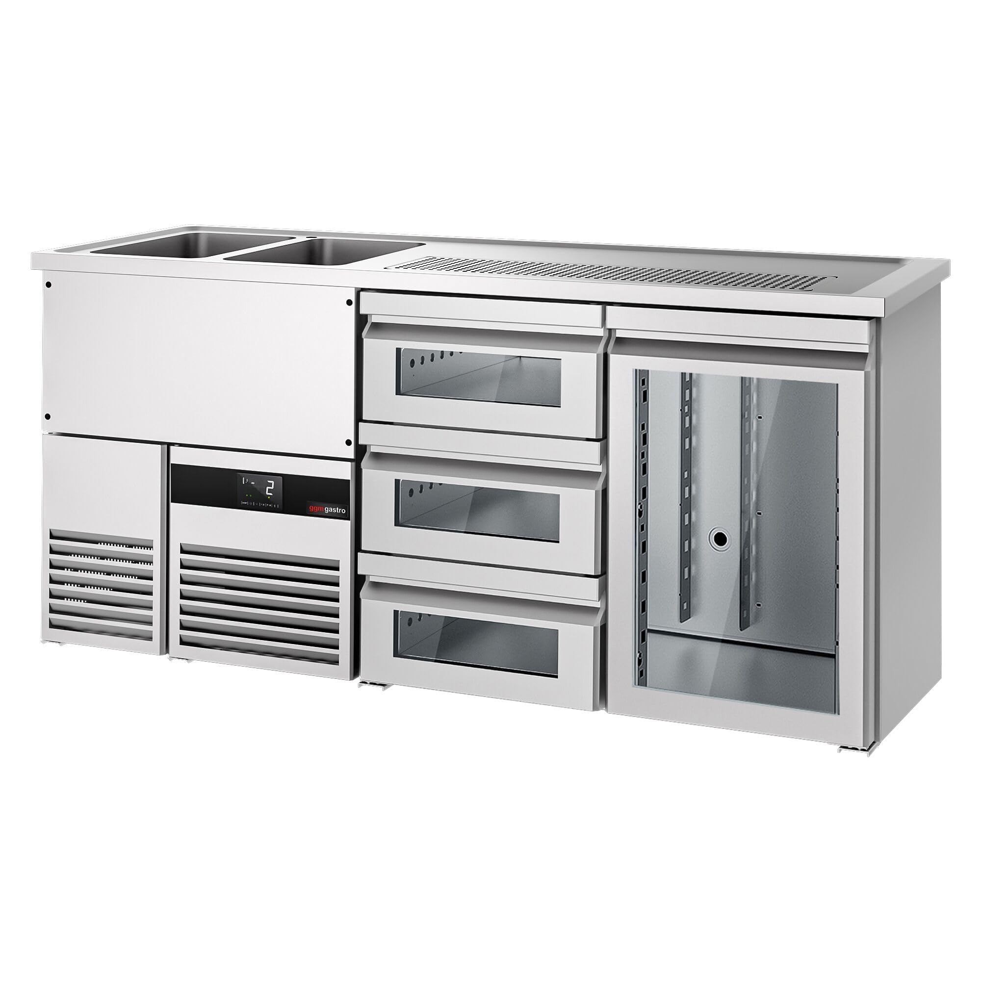 GGM Gastro | BLF207D#SG13#GT | Biertheke PREMIUM - 1950x700mm - 1 Glastür & 3 Glasschubladen
