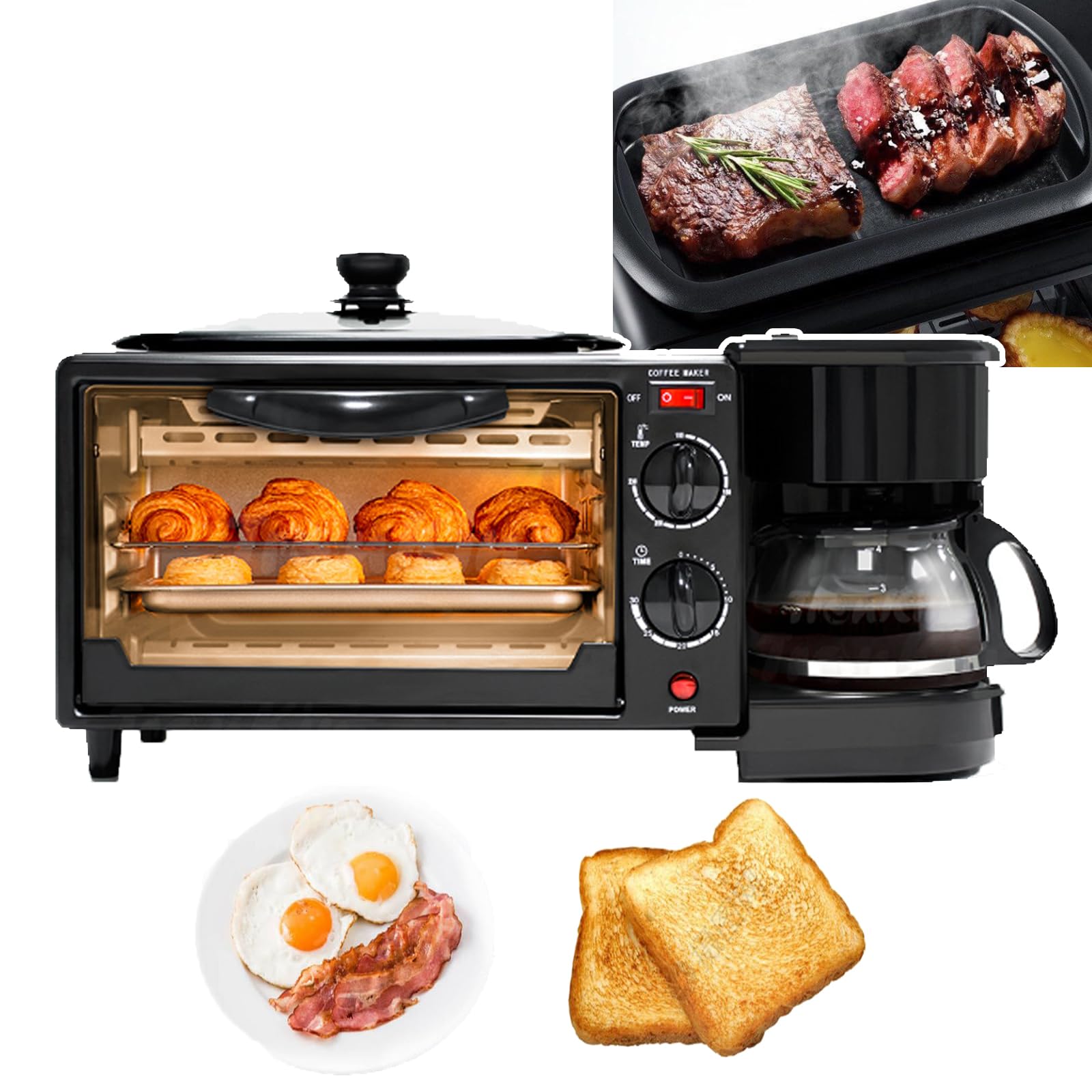 Stazione per la colazione 3 in 1, macchina per la colazione portatile, con padella antiaderente + macchina per il caffè da 400 ml, controllo della temperatura 100-230 °C + temporizzazione di 30 minu