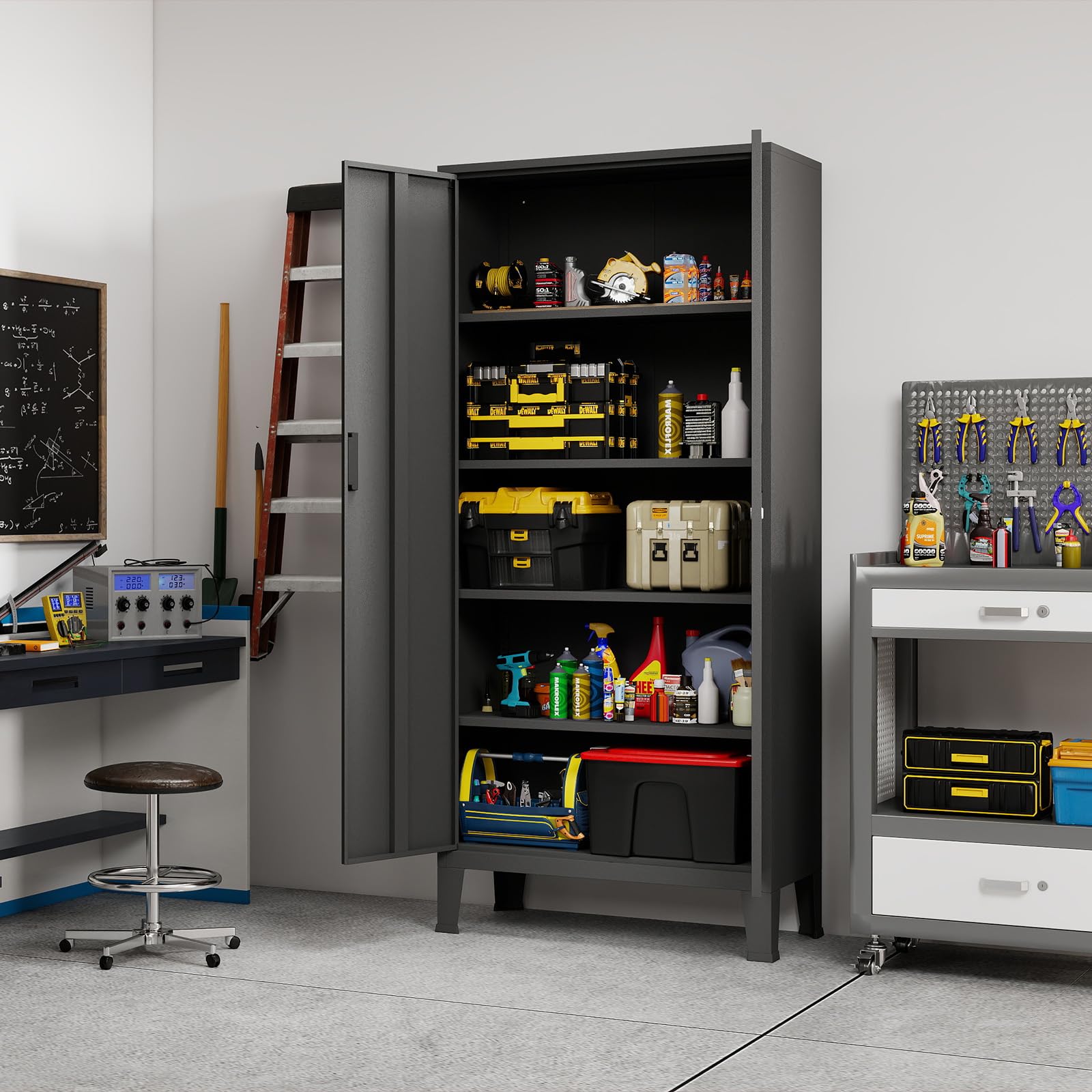 YOUDENOVA Aktenschrank,180 x 80 x 40 Metall Aktenschrank Abschließbar mit 2 Türen,Mehrzweckschrank mit 5 Ebenen,Mehrzweckschrank mit verstellbare Ablagen Schwarz