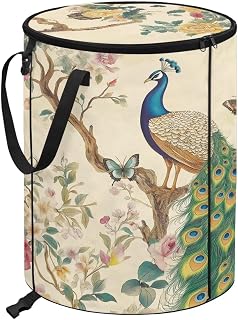 Peacock 24 Gal Collapsible Trash Can w/Lid Waterproof Foldable Garbage Bin for Camping, Backyard & Hiking | Heavy Duty Pop-Up Design (23x18in) Car Camping Gear