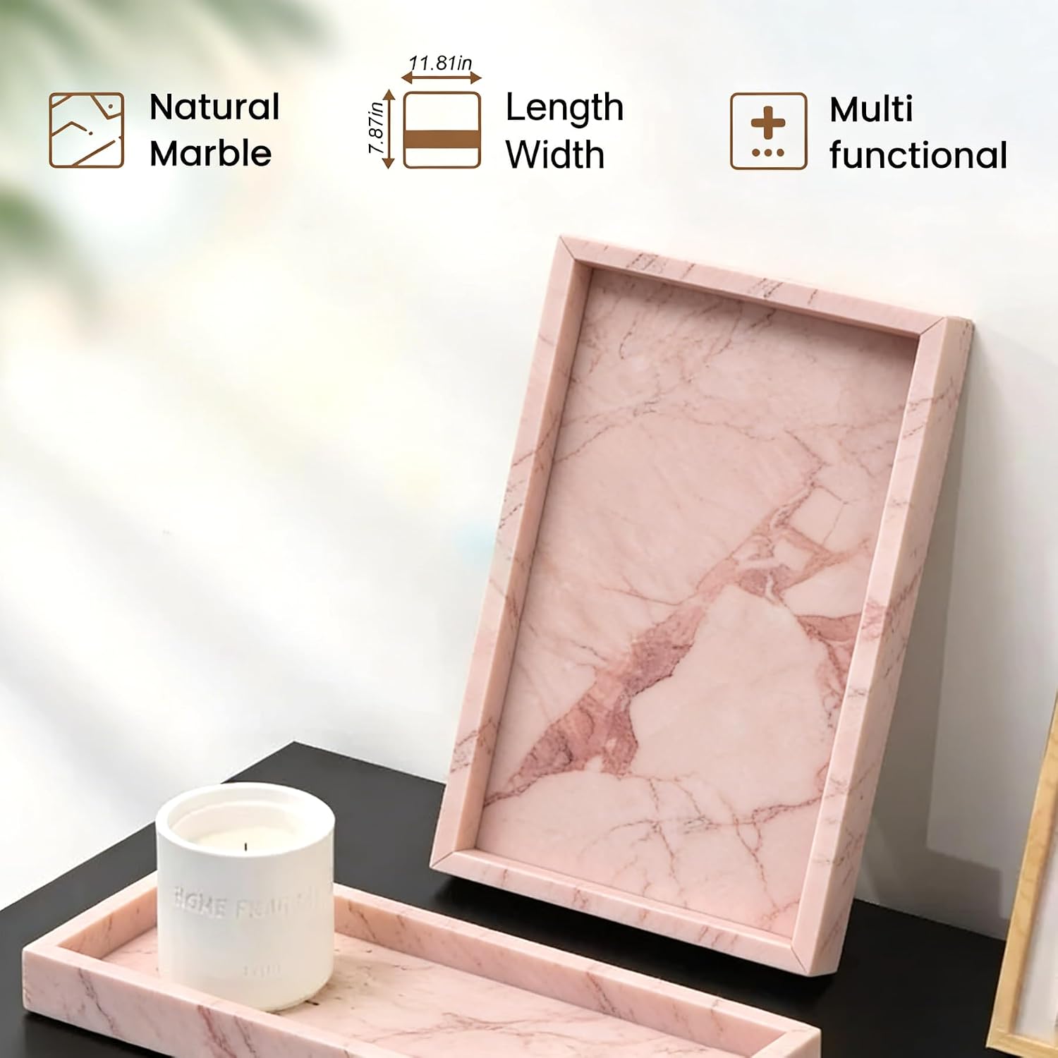 Natural Marble Tray, Stone Tray for Bedroom/Bathroom/Kitchen/Vanity Countertop, Jewelry Tray for Rings Earrings Necklace Bracelet Watch, Room Decor Aesthetic