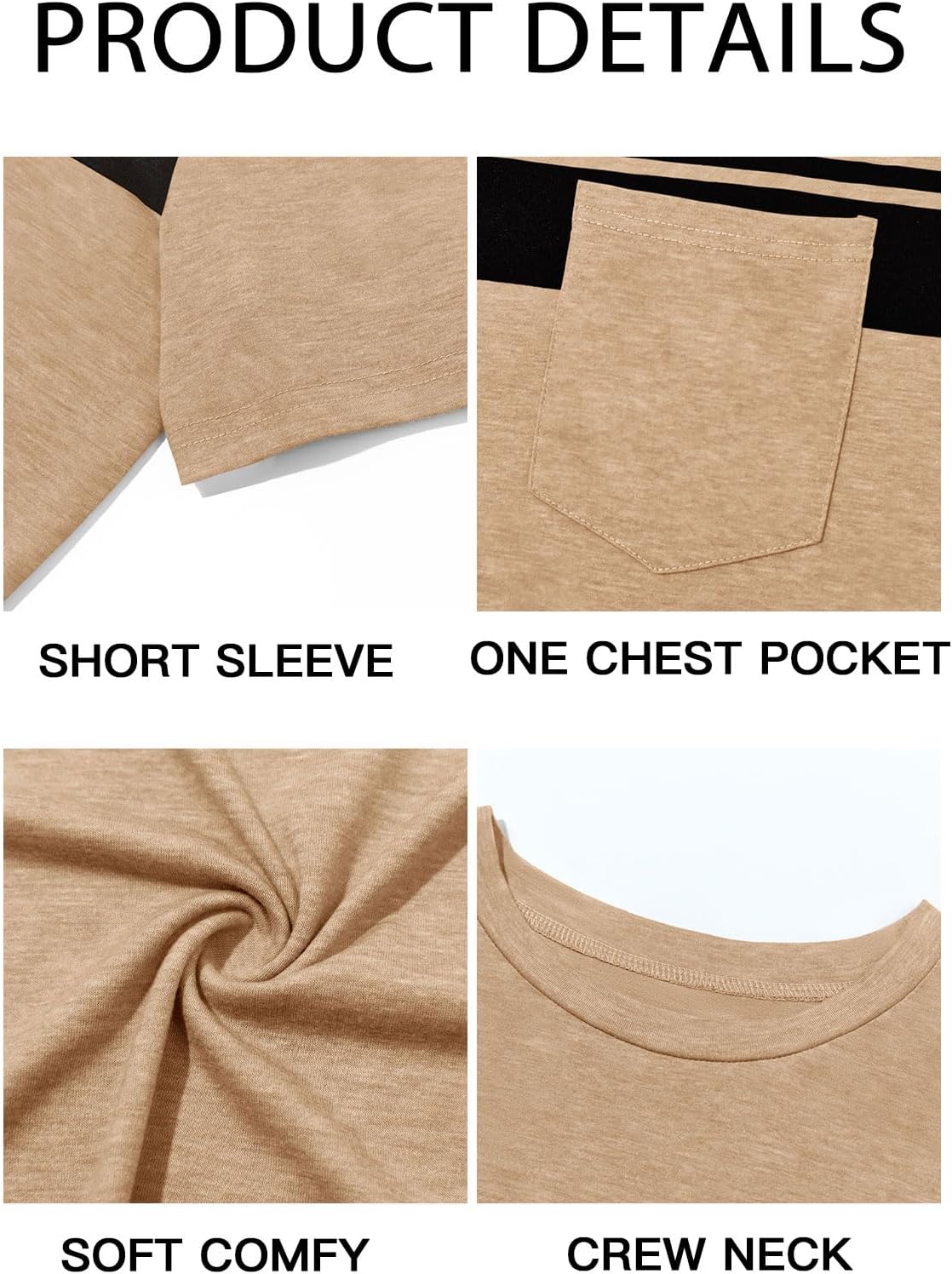 Runcati Men's Casual T-Shirt Short Sleeve Regular Fit Crewneck Tee Summer Graphic Tops with Pocket Khaki Medium image 4 of 4 B0DLBDJDYN