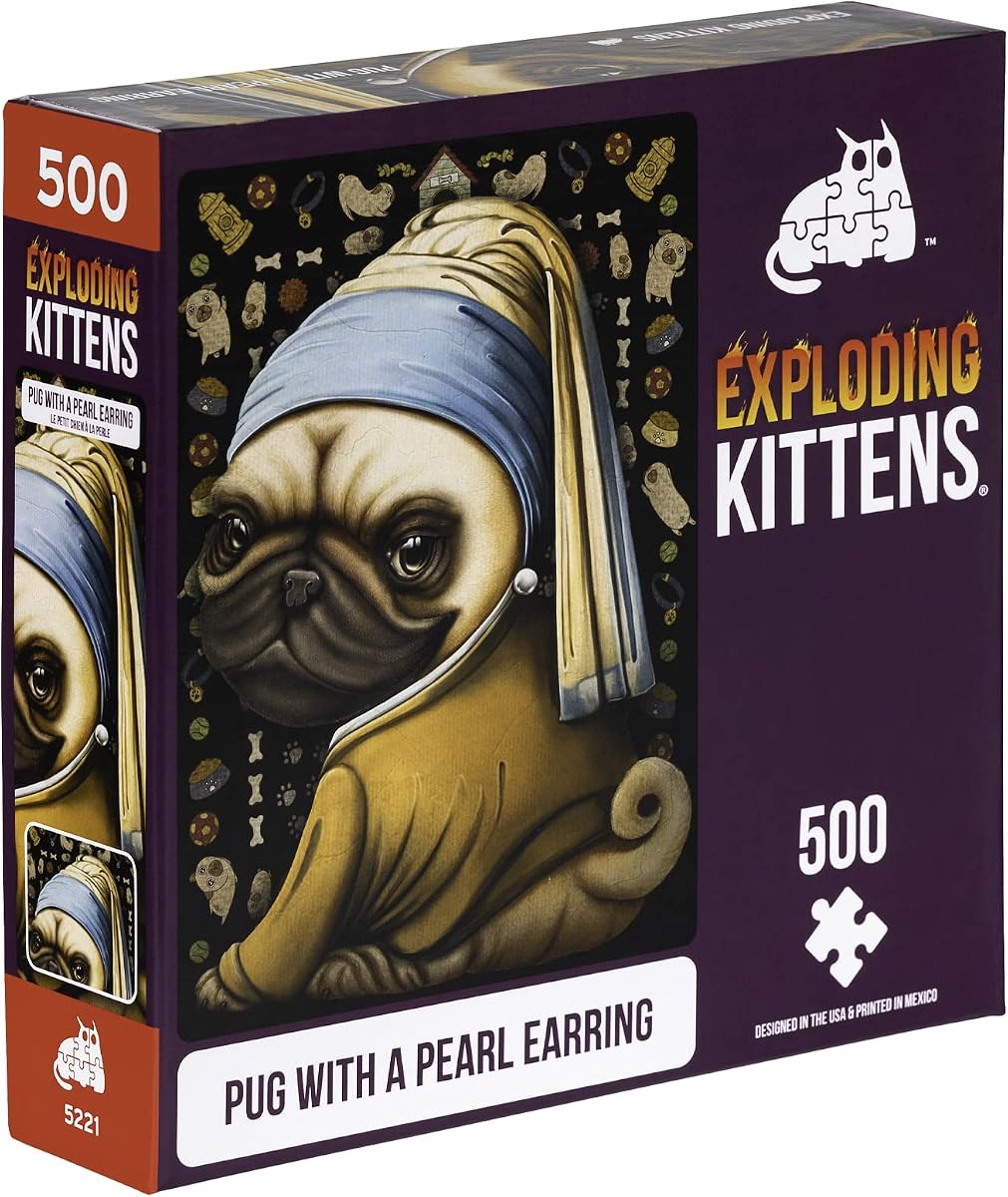 Pug with a Pearl Earring Jigsaw Puzzle by Exploding Kittens - 500 Pieces Jigsaw Puzzle for Adults, Teens, and Kids - Dog Puzzle, Funny Puzzle, Art Puzzle