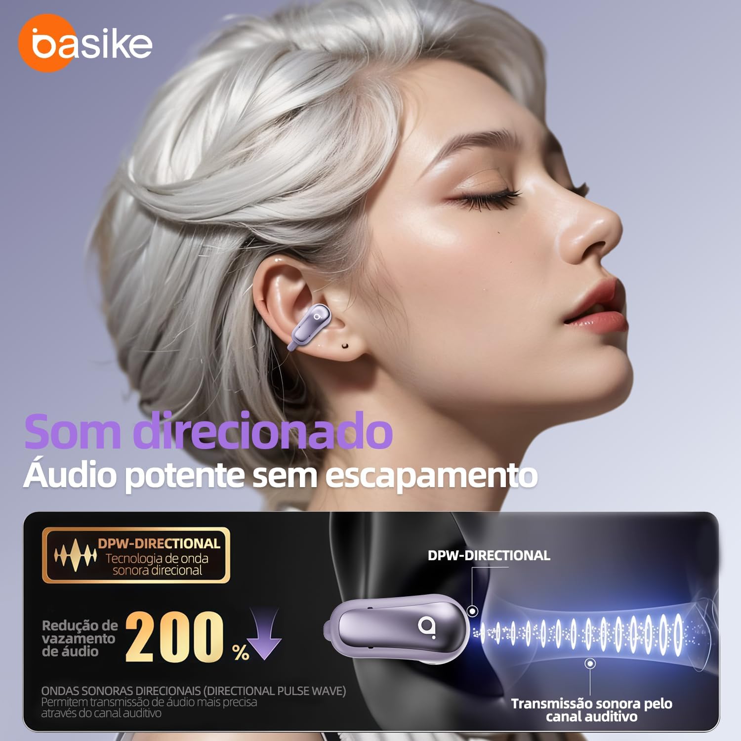 Fone de Ouvido Bluetooth Basike, Fone sem fio Bluetooth 5.3 com clipe, Condução Óssea, Cancelamento de Ruído, IPX5, Reprodução 28 Horas, Compatível com iOS, Android para Corrida e Fitness (Violeta)