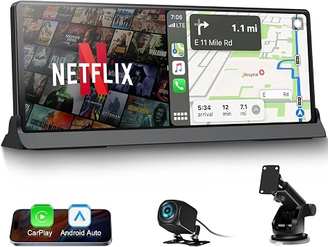 Limited Time Carplay Screen for Car with Netflix YouTube 10.26 inch Wireless Apple Carplay Android Auto Touchscreen Voice Control GPS Navigation and Backup Camera OTA Updates Dual Bluetooth