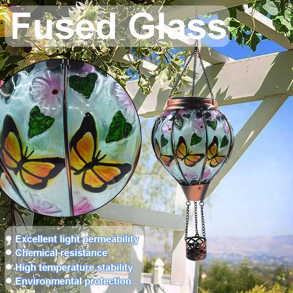 2PCS TEYIGARDEN Butterfly + Bee Hot Air Balloon Solar Lanterns with Flickering Flame Light Glass Solar Powered Hot Air Balloon Lamp Waterproof Hanging Outdoor Solar Lantern