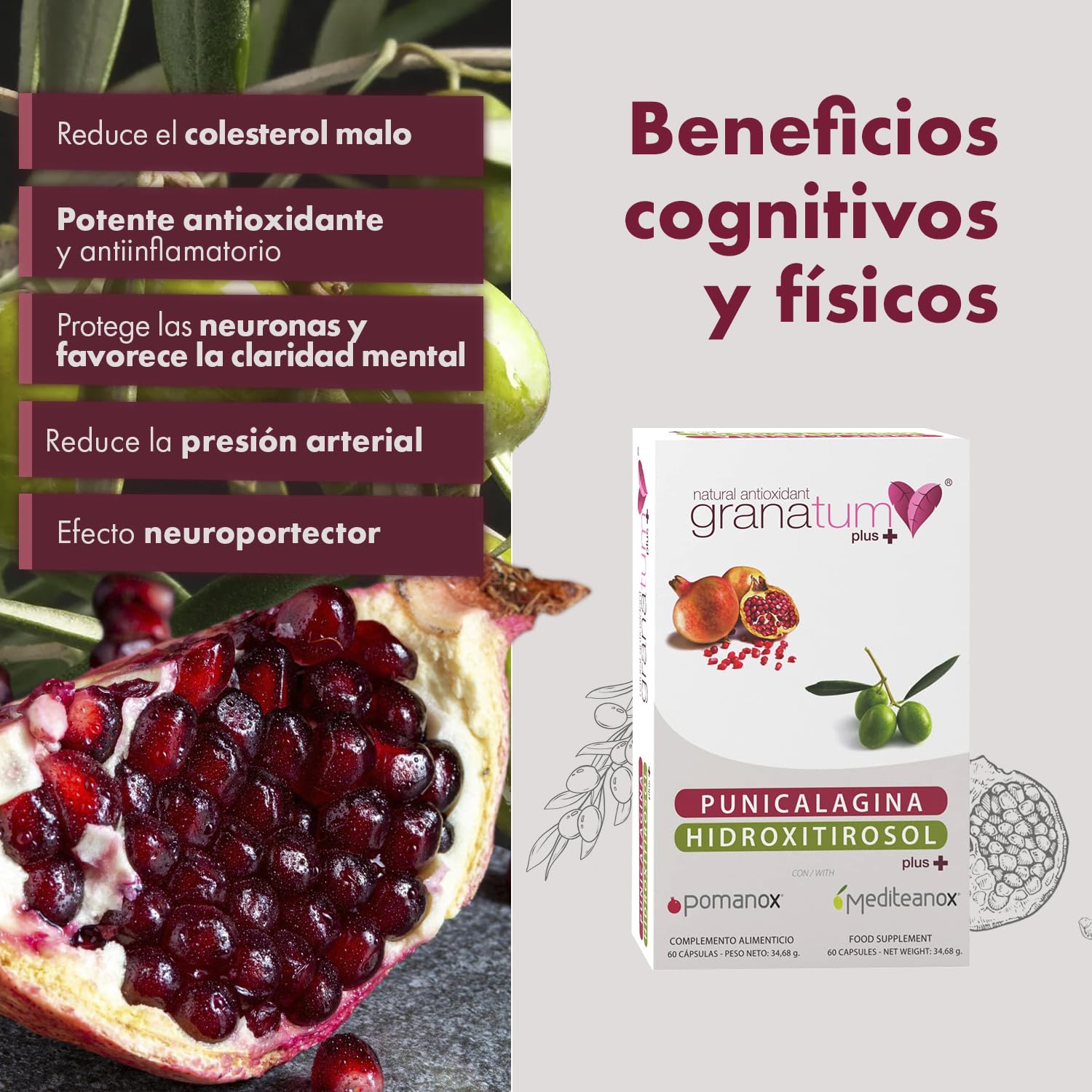 Granatum Plus - Punicalagina e Hidroxitirosol - Extracto de Granada y Oliva Extra Virgen - Antioxidante y Antiinflamatorio - Cuidado de la Piel - Producido en España - 1 Caja 60 Cápsulas