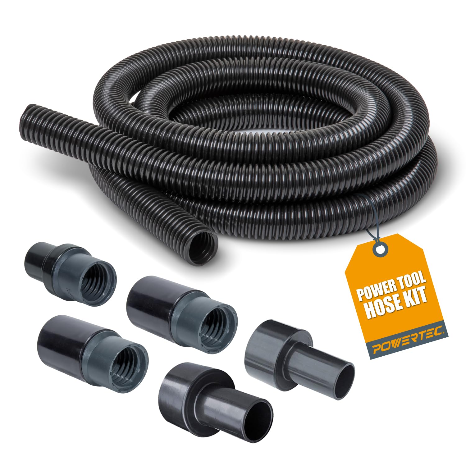 PowerTec 70347 Dust Collection Fittings, Reducers & 1-1/2" Threaded Hose Adapter, Black