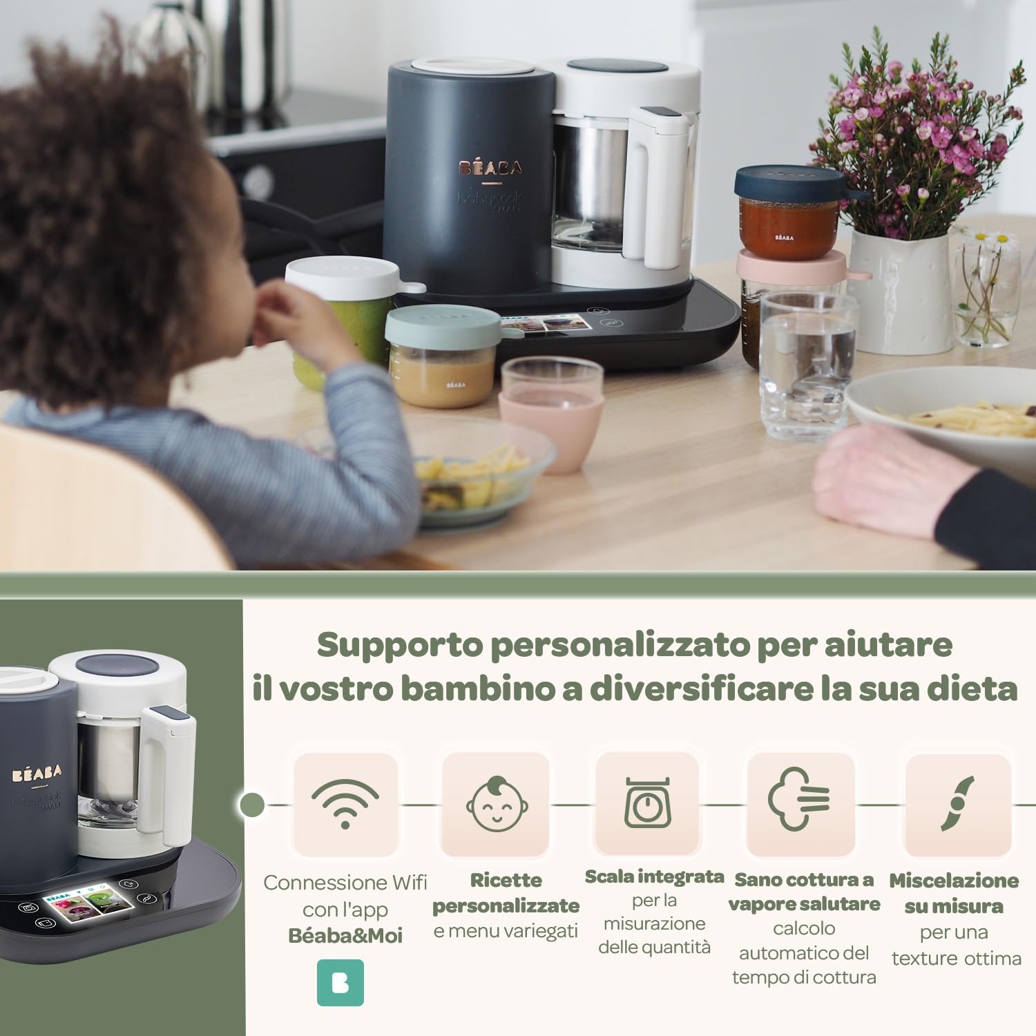 BÉABA BabycookSmart, Cuoci Pappa per Bambini, Bilancia, Ciotola in Vetro, Cestino Acciaio Inox, 2.25 L, Cottura Vapore, Schermo Tattile, Antracite