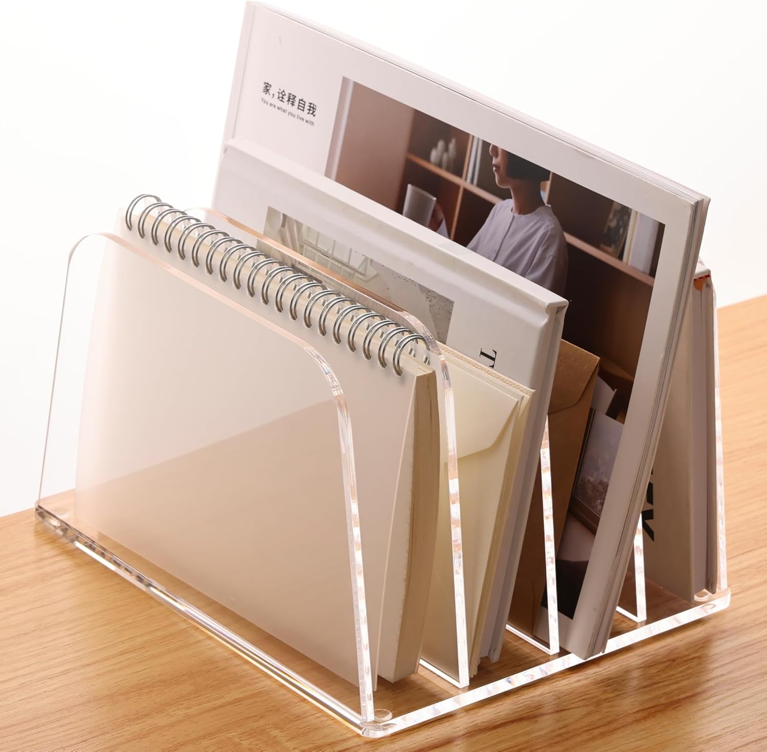 YUXUN Desk File Organizer Upright Clear Acrylic Desktop Organizer File Sorter Office Organization File Holder 4-Section Bookshelf for Home, Office & Classroom