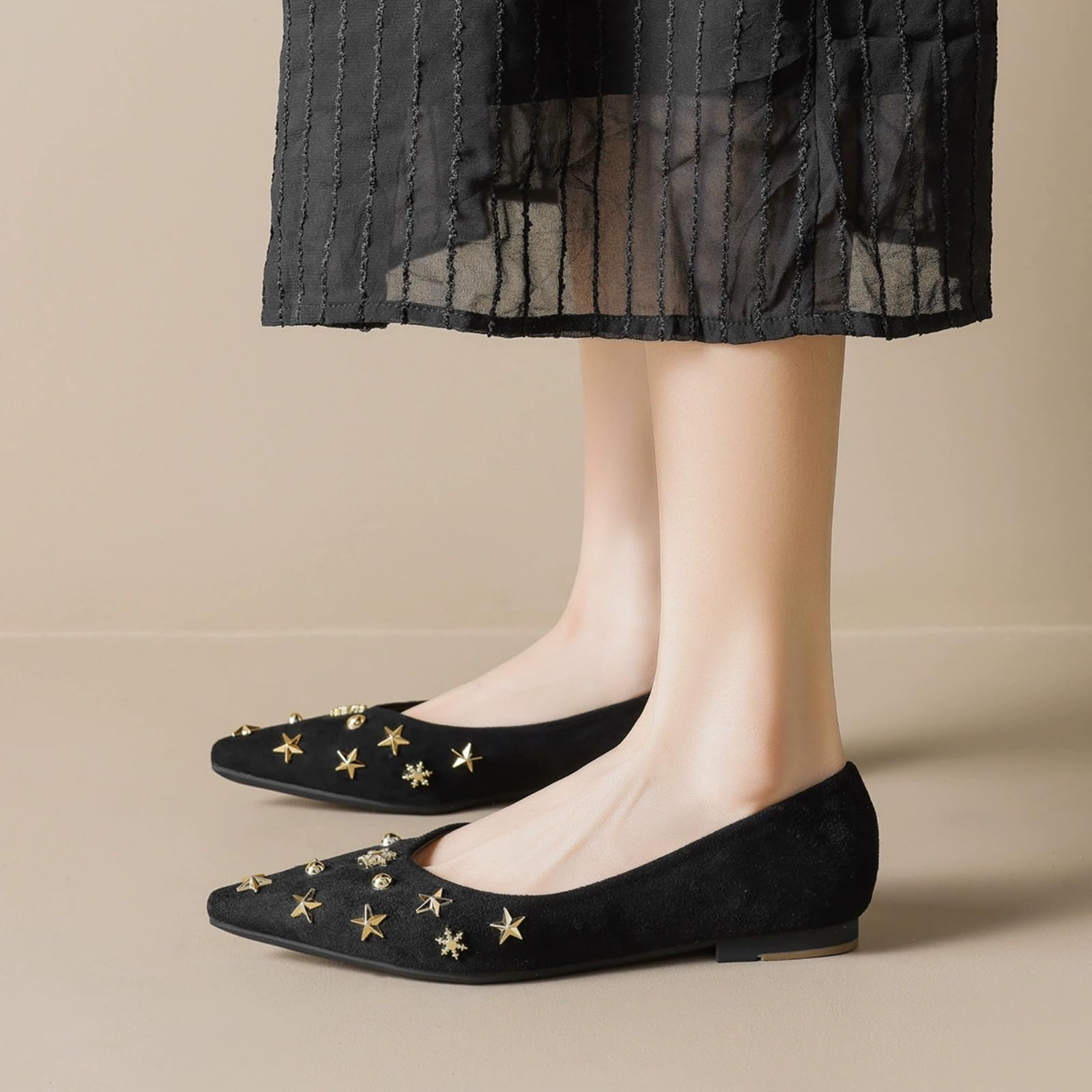 Damskie Antypoślizgowe Baleriny Z Ostrym Noskiem, Eleganckie Zamszowe Buty Z Ozdobną Gwiazdką, Wsuwane Na Co Dzień, Na Imprezy I Do Tańca