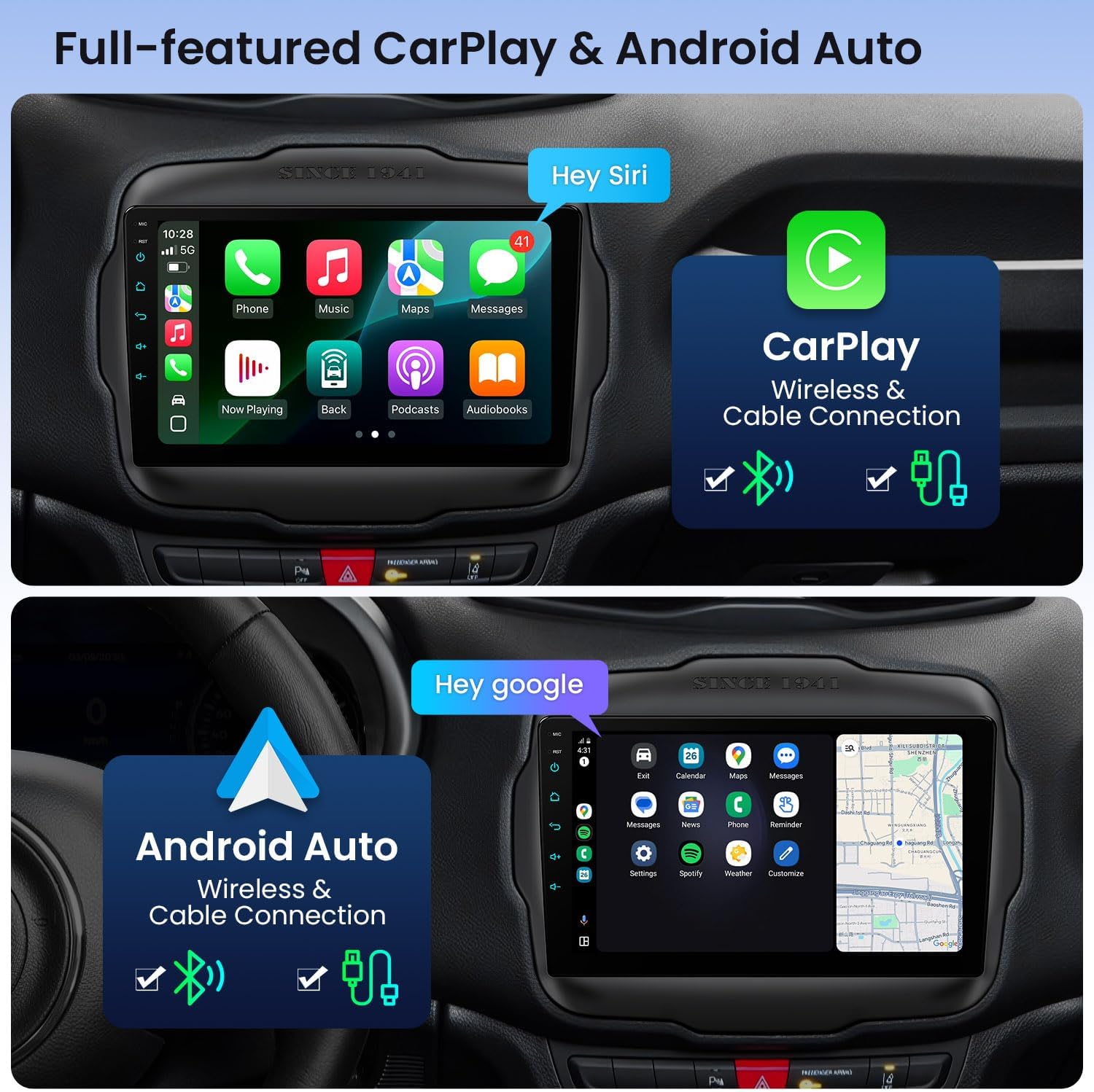 Screenshots of Apple CarPlay and Android Auto interfaces on the XTRONS car stereo, showing wireless and cable connection options.