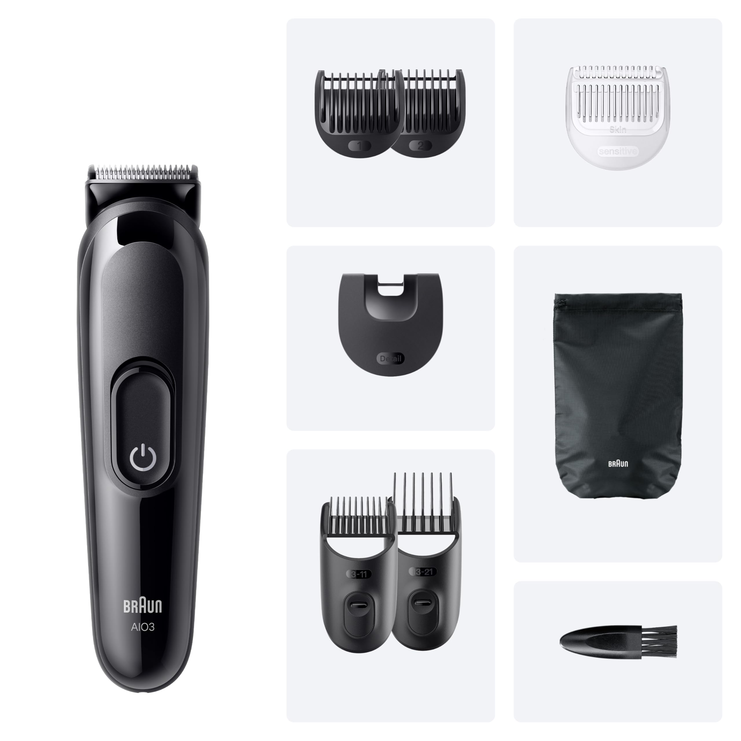 Braun Rifinitore All-in-One Series 3, Rasoio Elettrico Barba e Capelli 8in1, Lama Ultra Affilata, Rasoio Elettrico Corpo Uomo, 14 Lunghezze, 50 Min. di Autonomia, Styling Facile Viso e Capelli,Aio3545