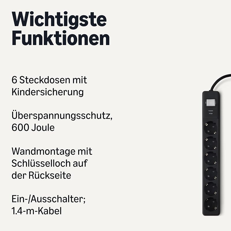 Amazon Basics Elosztó Túlfeszültség Védelemmel 600J, 6 Aljzat, Biztonsági Zárak, 1,4m - black