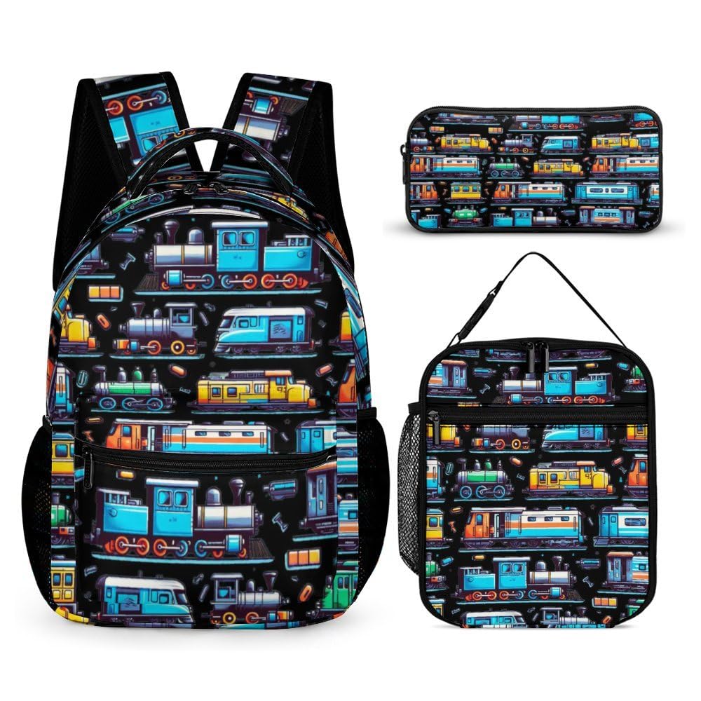 Train Backpack with Lunch Box & Pencil Case for Kids Girls Boys School, 16 Inch Cute Trains Bookbag, Railway School Backpacks for Students Children,