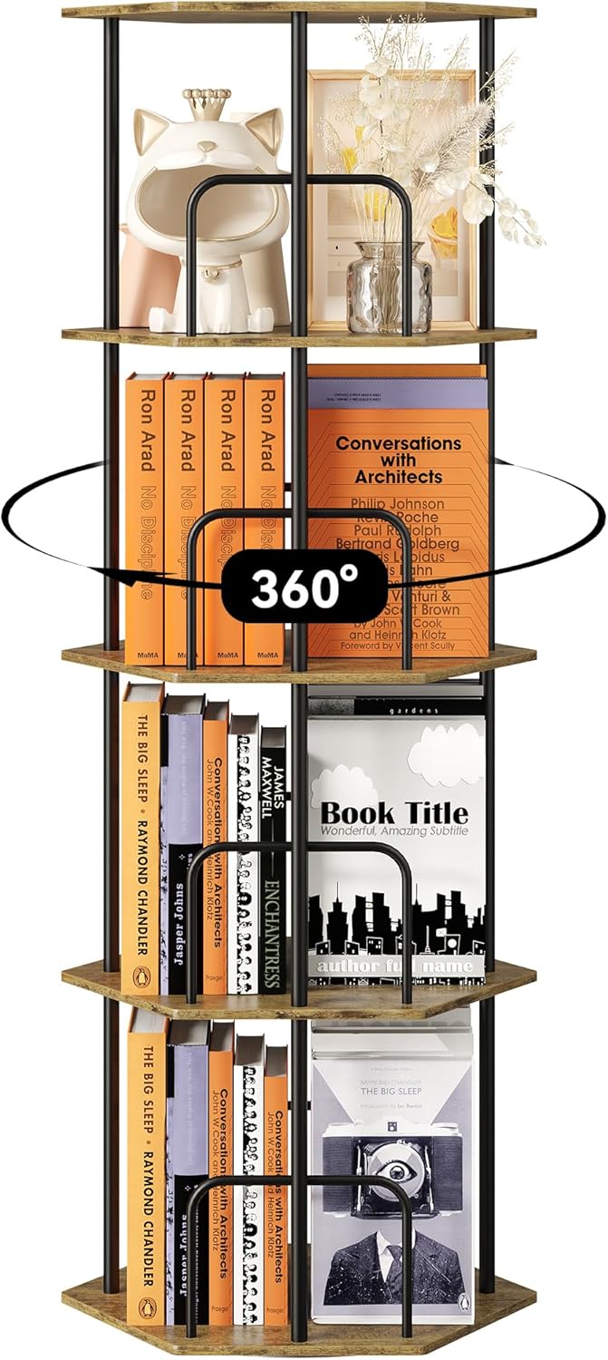 SUNMORY 4 Tier Rotating Bookshelf Tower, Revolving 360 ° Spinning Bookcase, Hexagonal Corner Book Shelf Storage Carousel, Vertical Rotate Turning Organizer Book Shelves for Living Room Office Bedroom - Image 9
