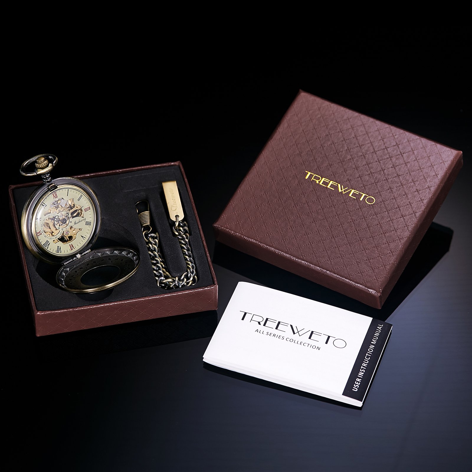TREEWETO Taschenuhr mit Kette Herren Analog Handaufzug Antik Skelett Römische Ziffern Bronze