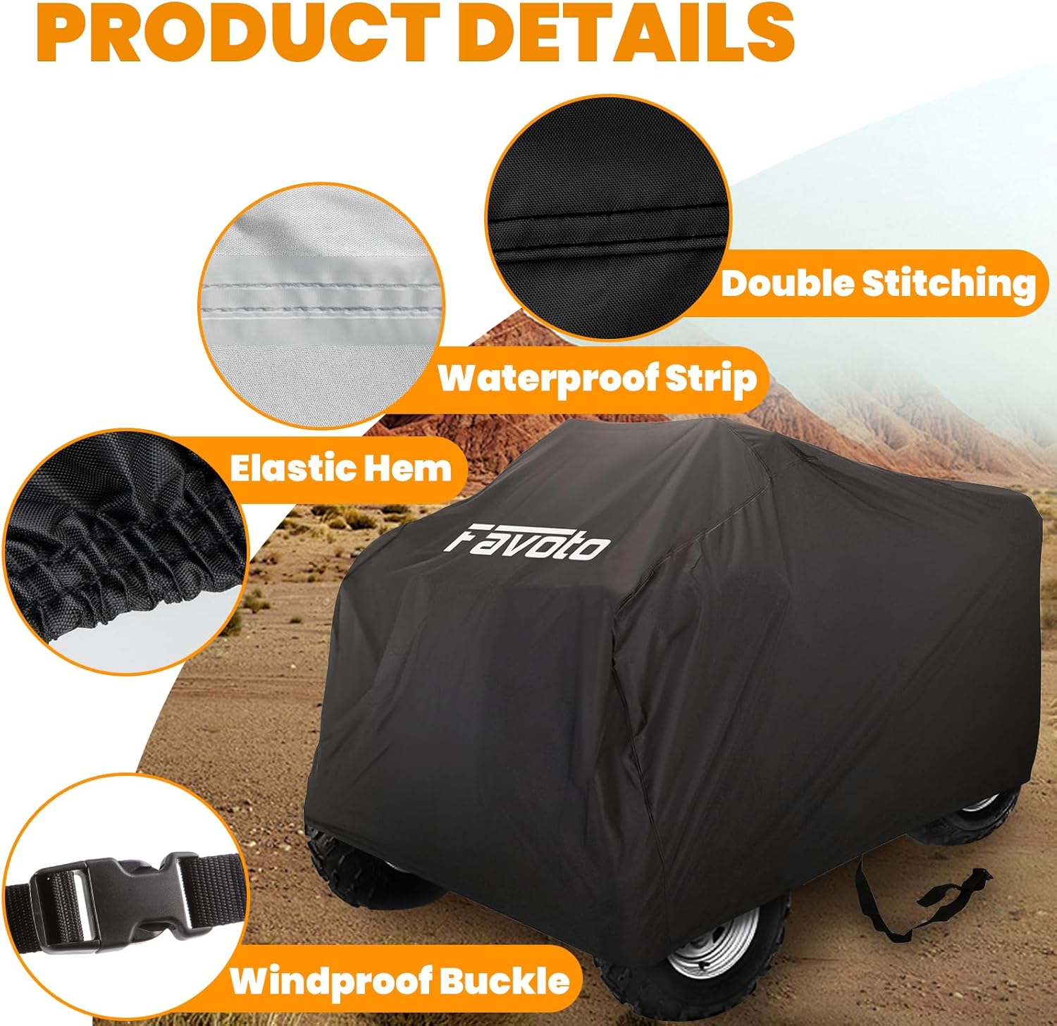 Favoto ATV Cover Waterproof Outdoor - Quad Cover Heavy Duty 4 Wheeler Cover All Weather Dust Rain Sun Protection Windproof for Kawasaki Polaris Honda Yamaha Vehicle Cover 86.6"