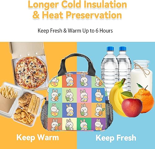 Miniatura 6 de Lonchera de conejo para niñas, bolsas de almuerzo de conejo reutilizables con aislamiento, congelables, de colores pequeños, bonita lonchera para