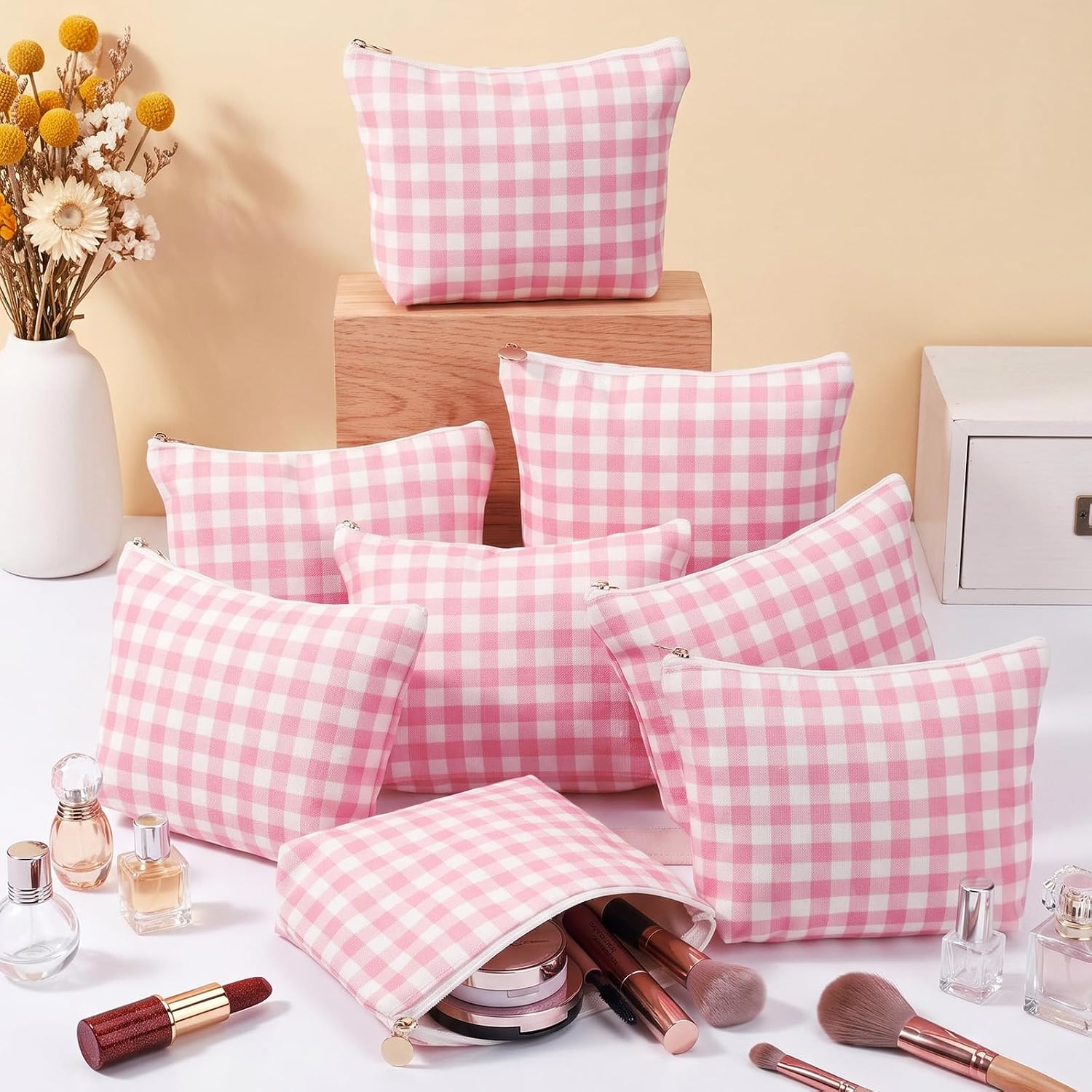 Kacctyen 16 Pcs Gingham Makeup Bags Bulk, Canvas Beach Bags, Pink image 3