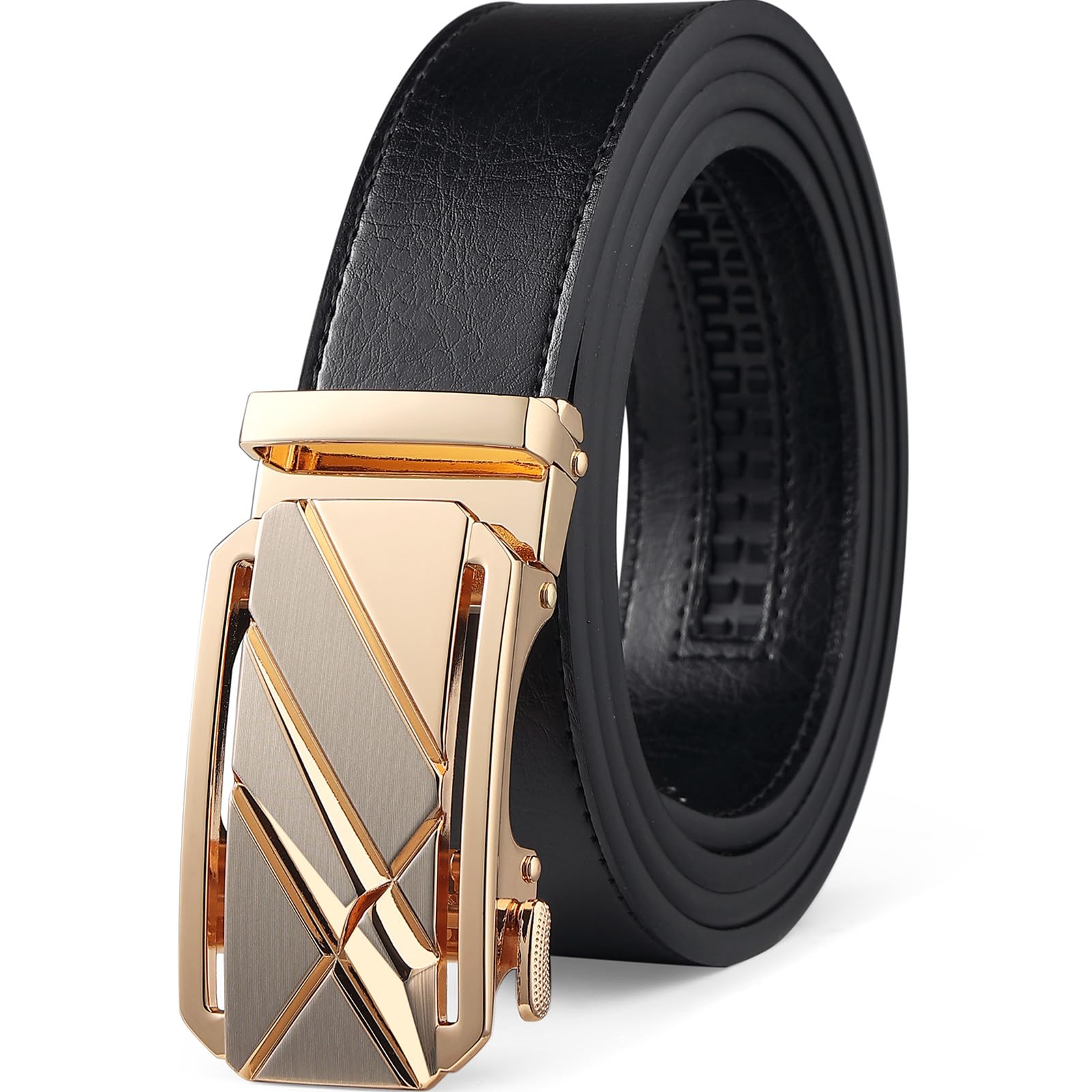 Drowsmen Leather ratchet belt 1 3/8" with Click Sliding Automatic Buckle, Adjustable belt Trim to Fit