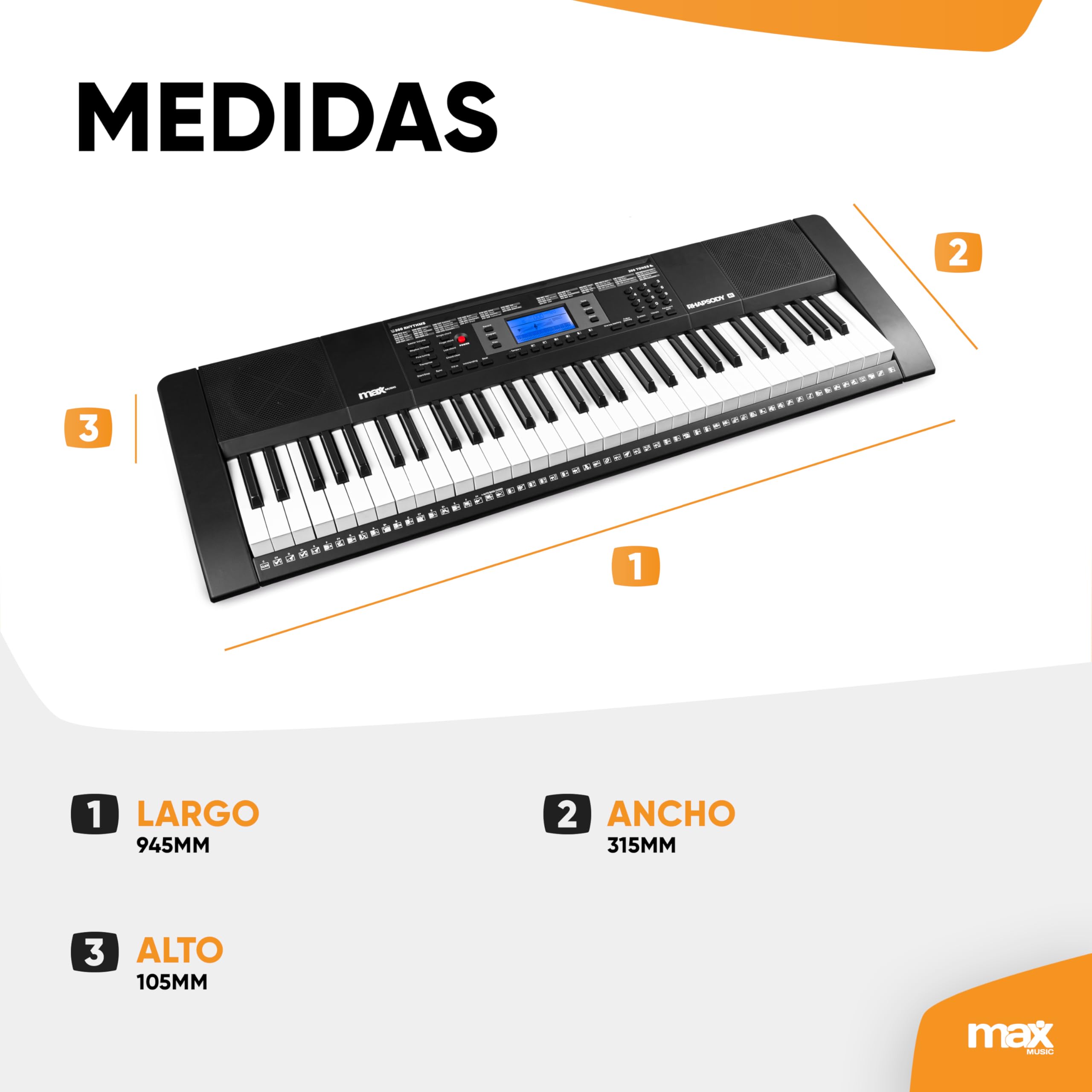 MAX Rhapsody61 - Piano eléctrico de 61 teclas para principiantes con función de aprendizaje, 300 sonidos, altavoces integrados, pantalla LCD, 50 canciones de demo, auriculares y soporte de teclado
