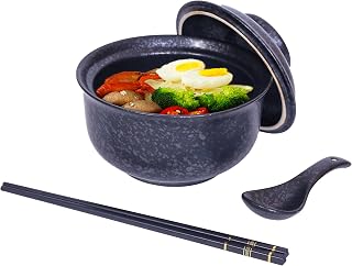Ceramic Ramen Bowl Set,27 Oz Japanese Vintage Large Soup Bowls Instant Noodle Bowl Asian Tableware,with Lid,Spoon and Chopsticks for Microwave & Dishwasher Safe (Black, 1 Pcs)