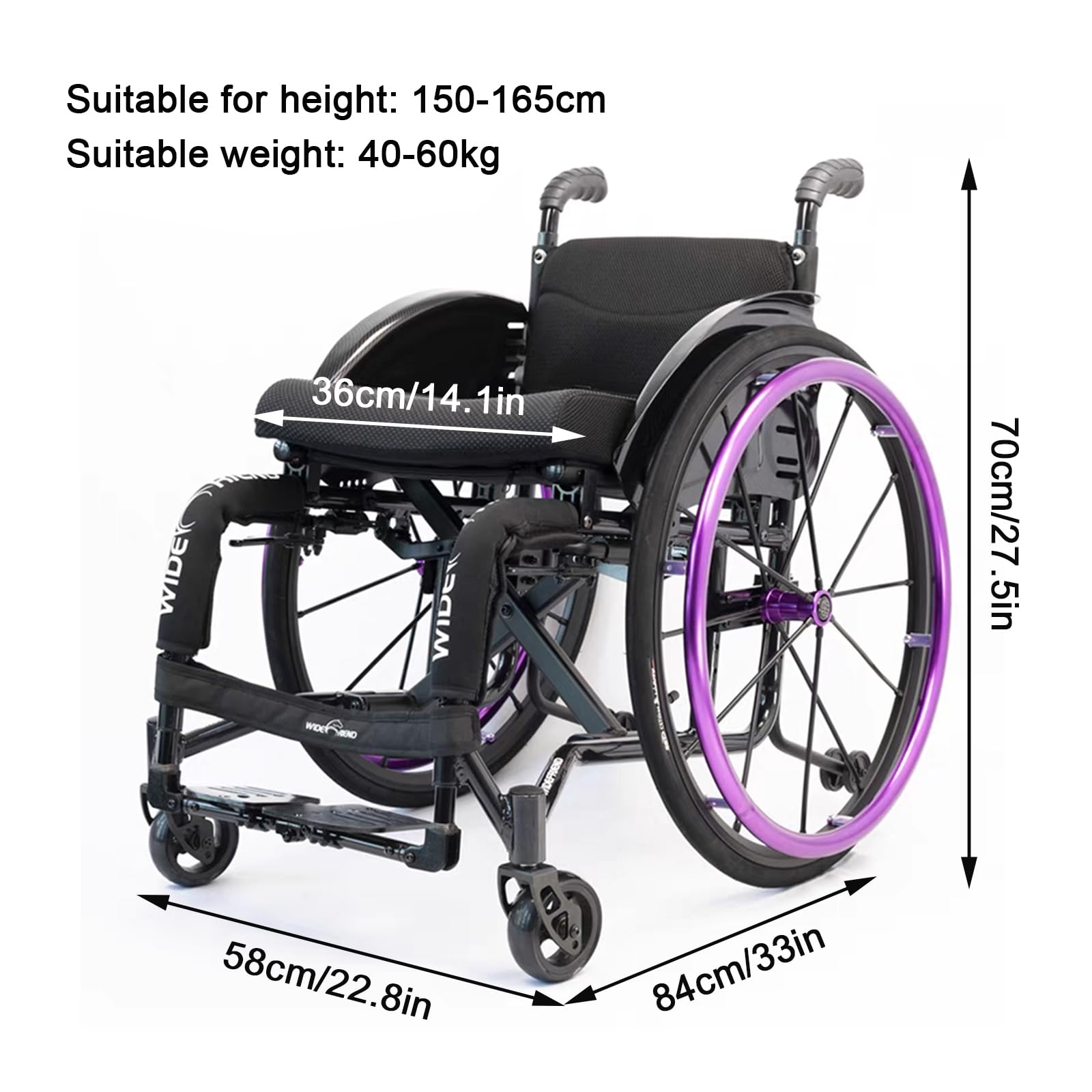 Silla de Ruedas Ultraligera,Sillas de Ruedas Manuales Autopropulsables,Sillas de Ruedas Deportivas Plegables Portátiles/Purple/Seat Width 36Cm