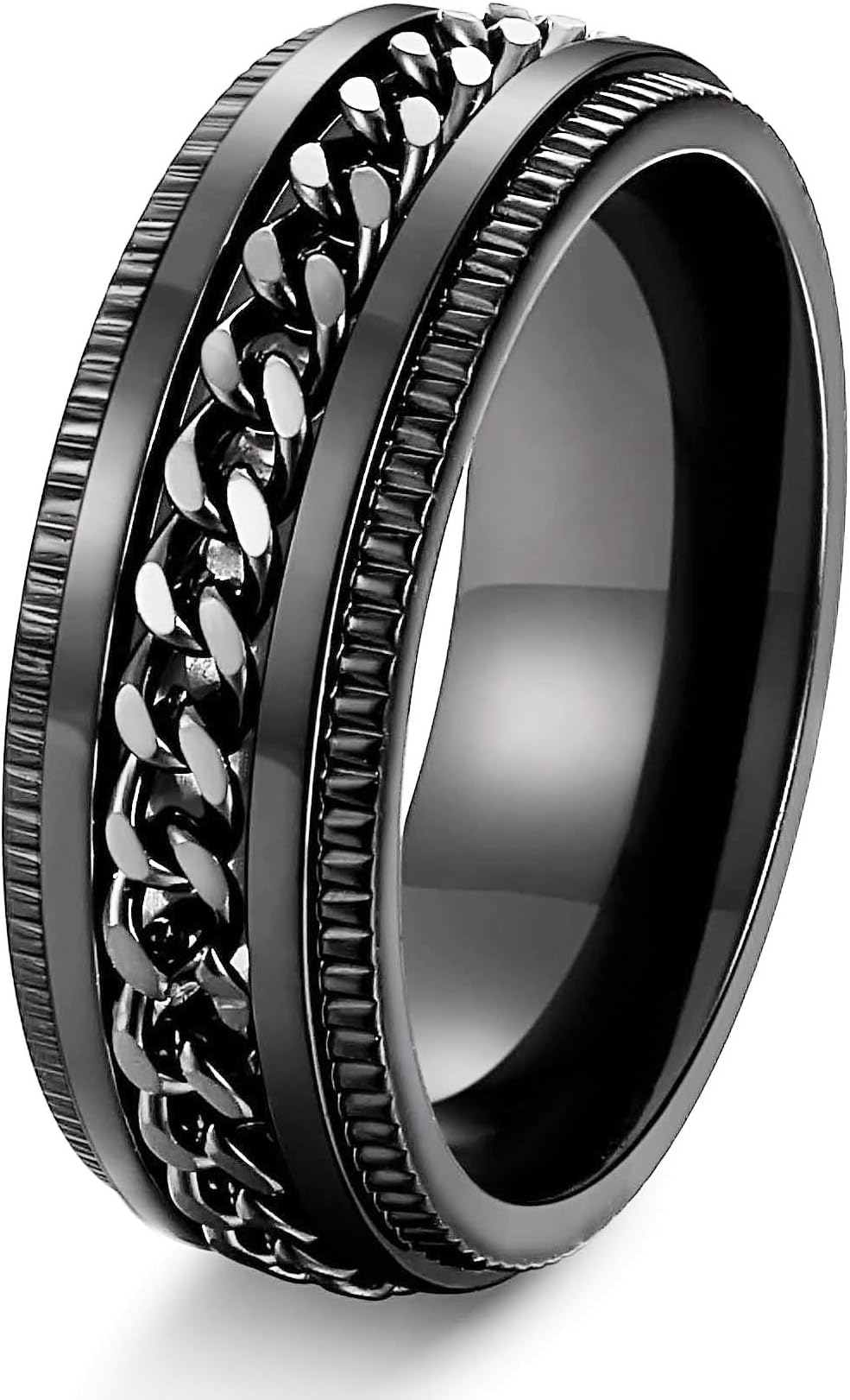 Stainless Steel Fidget Mens Rings - Spinner Ring for Men Women Anxiety Rings Chain Black Wedding Band 8mm Size 7-14